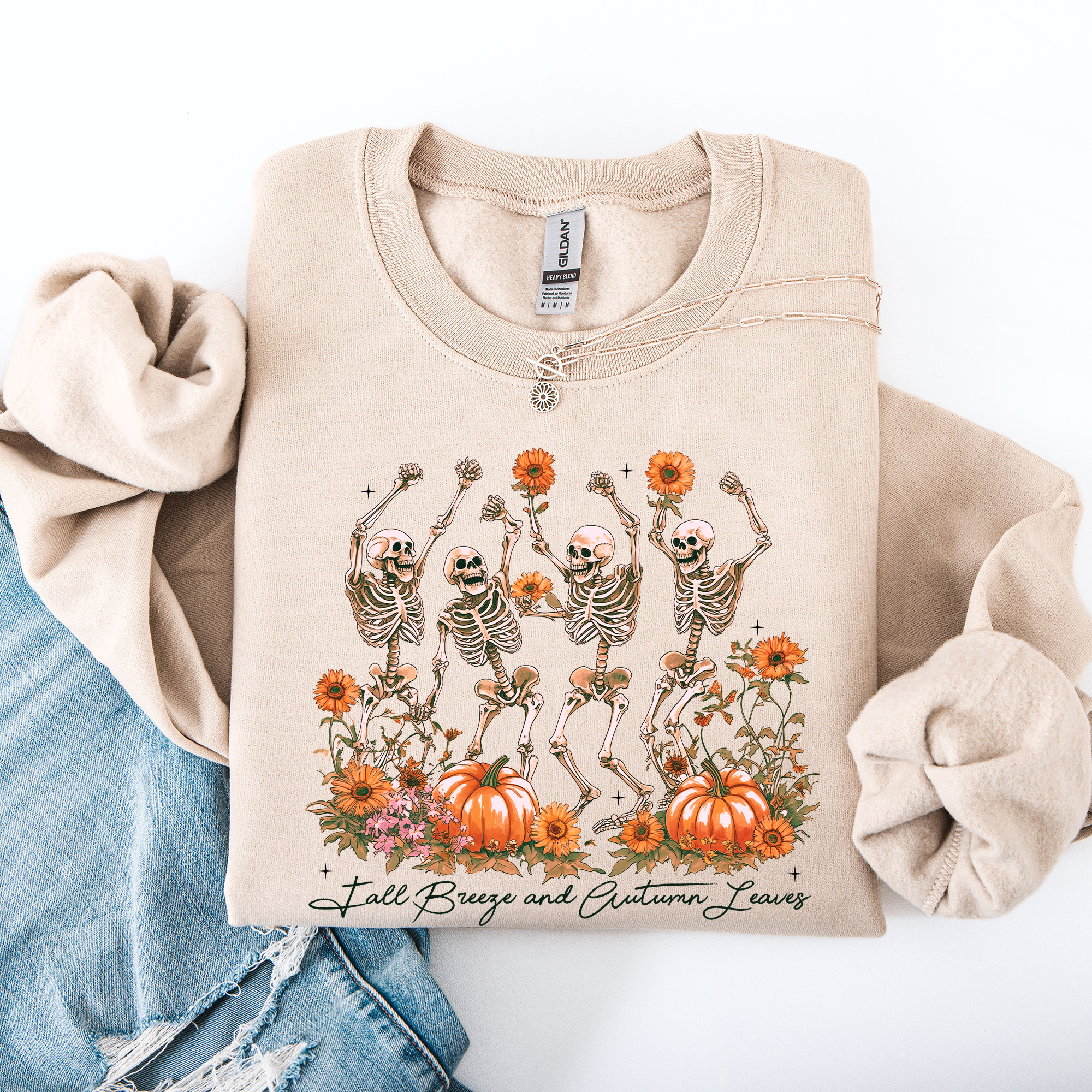 Fall Breeze and Autumn Leaves Skeletons Dancing Pumpkin Spice Halloween Sweatshirt