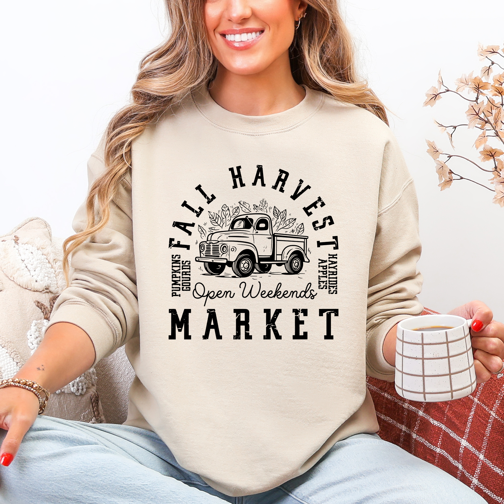 Fall Harvest Market Pumpkins Autumn Cozy Rustic Orchard Scene Graphic Art Sweatshirt