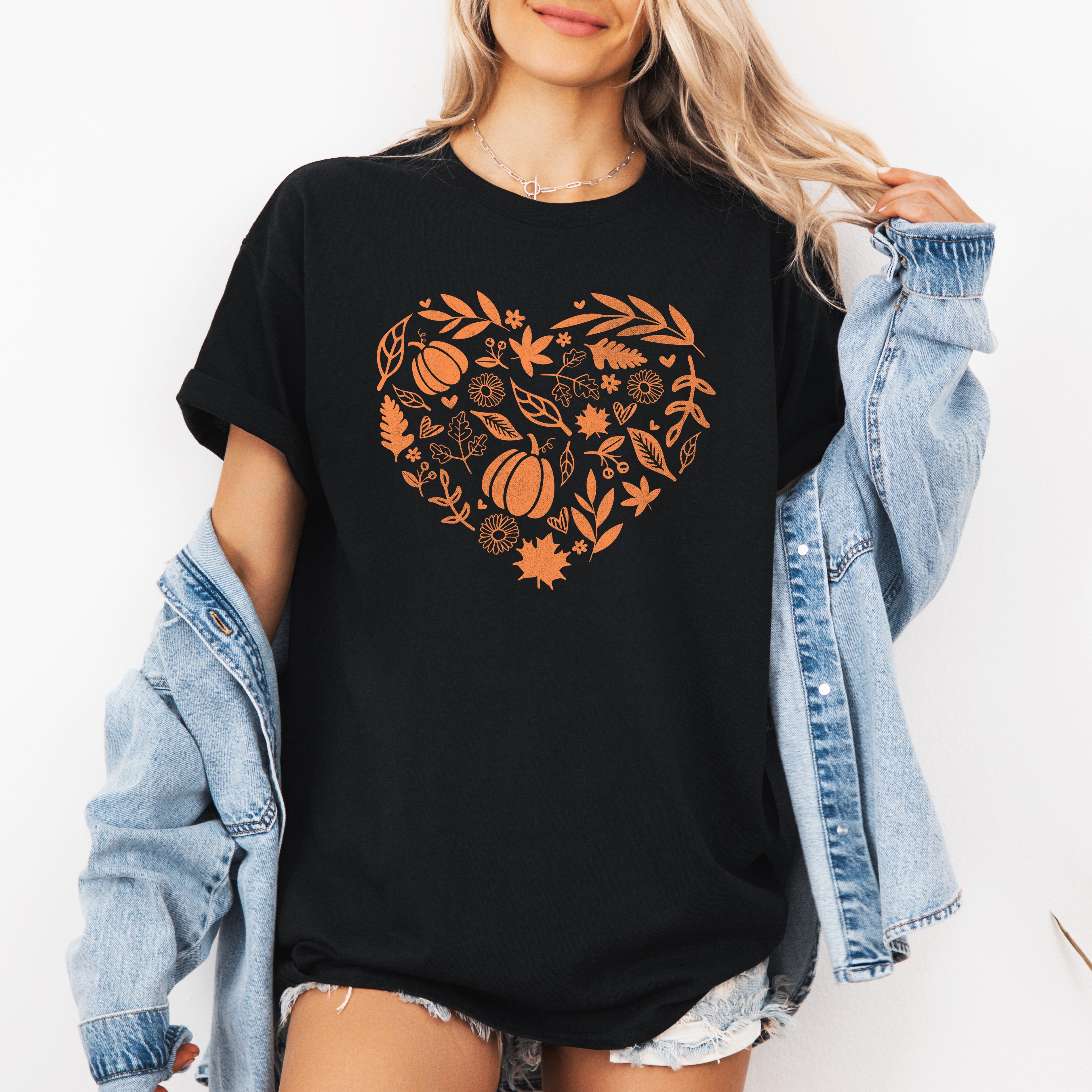 Fall Heart Pumpkin Leaves Autumn Cozy Seasonal Vibes Hand Drawn Botanical Illustration Graphic Tee