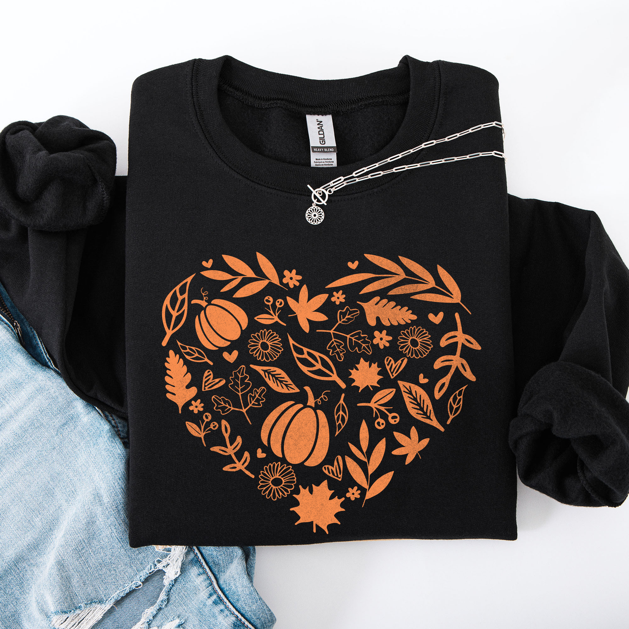 Fall Heart With Pumpkin Leaves And Autumn Charm Cozy Seasonal Art Print Theme Sweatshirt