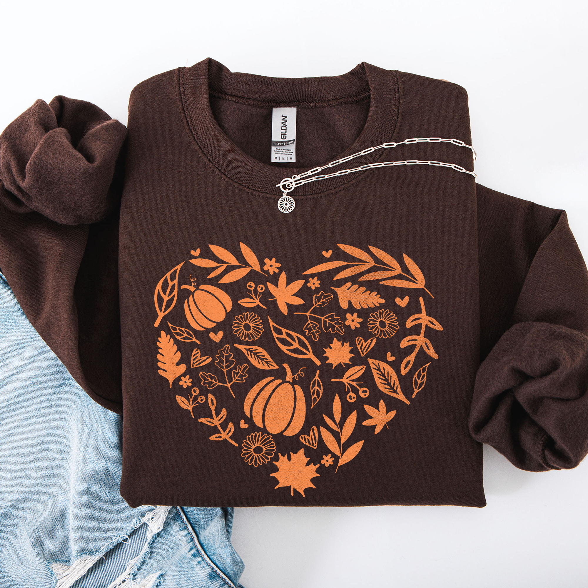Fall Heart With Pumpkin Leaves And Autumn Charm Cozy Seasonal Art Print Theme Sweatshirt
