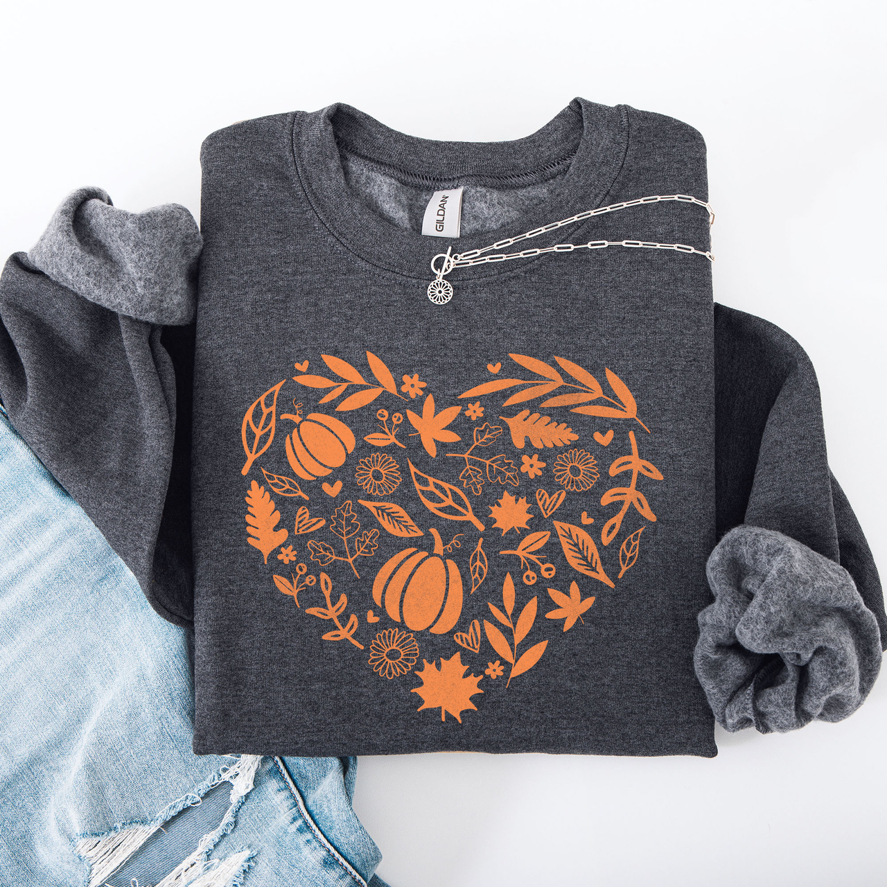 Fall Heart With Pumpkin Leaves And Autumn Charm Cozy Seasonal Art Print Theme Sweatshirt