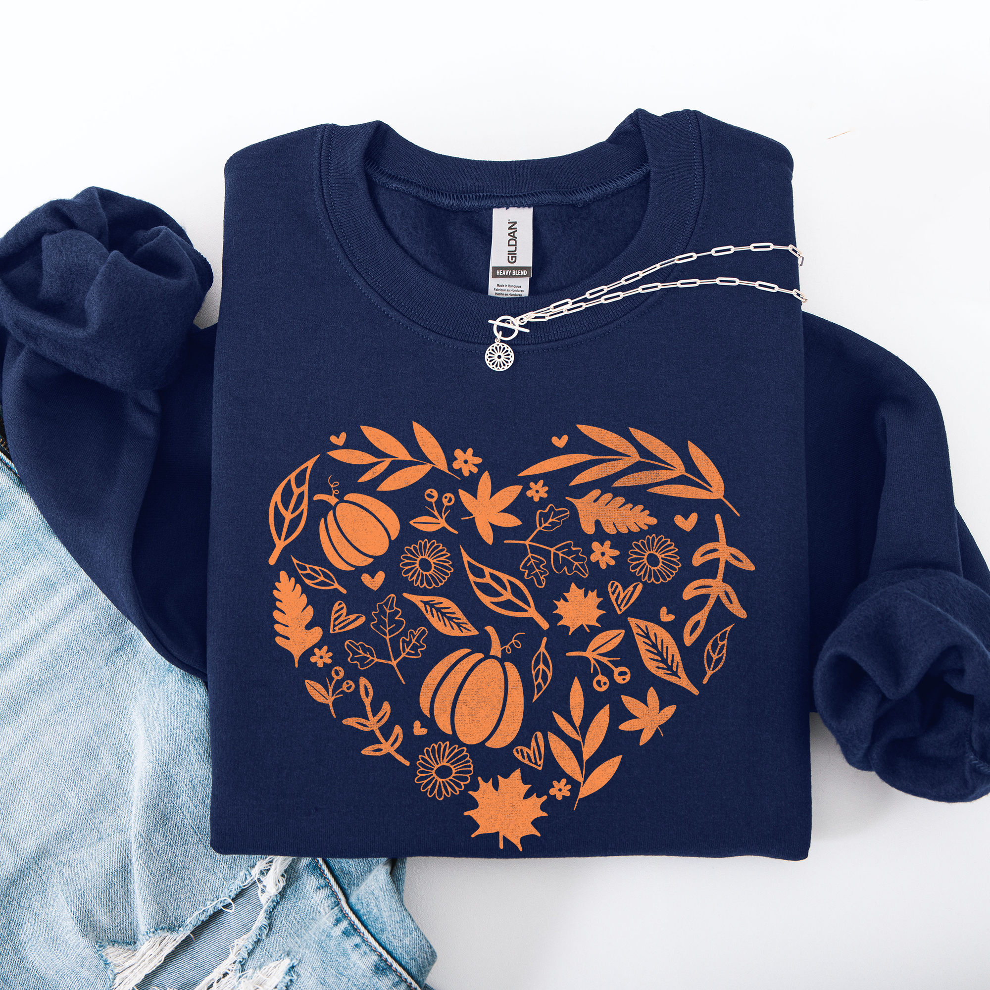 Fall Heart With Pumpkin Leaves And Autumn Charm Cozy Seasonal Art Print Theme Sweatshirt