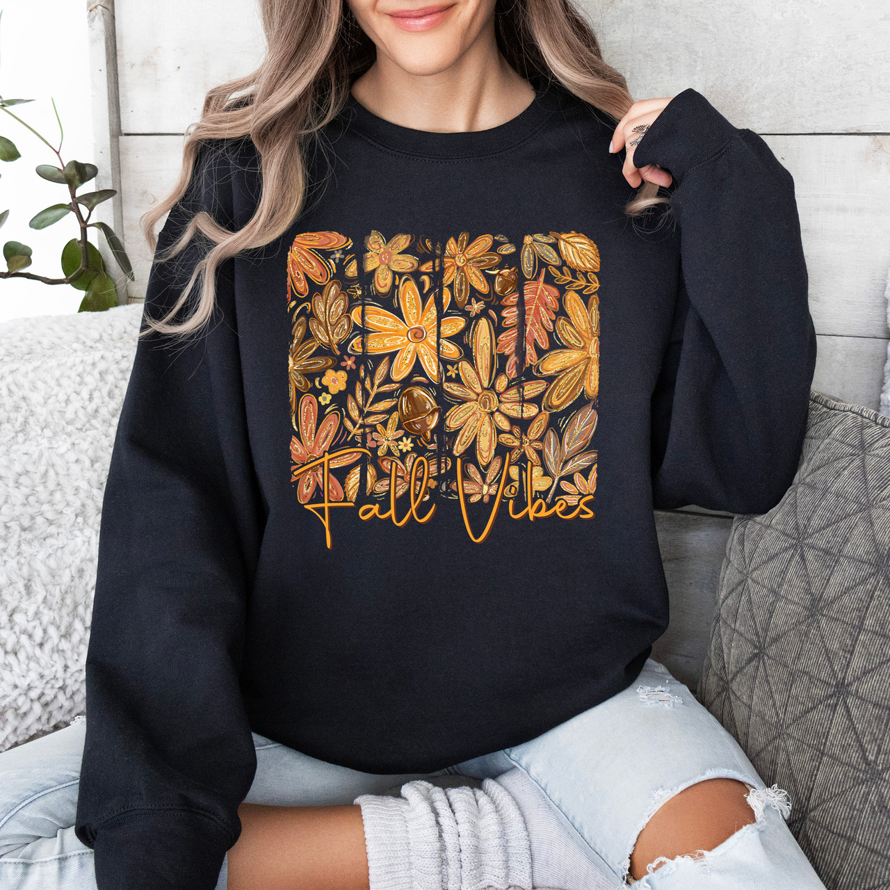 Fall Vibes Colorful Autumn Flowers Seasonal Cozy Minimalist Design Graphic Sweatshirt