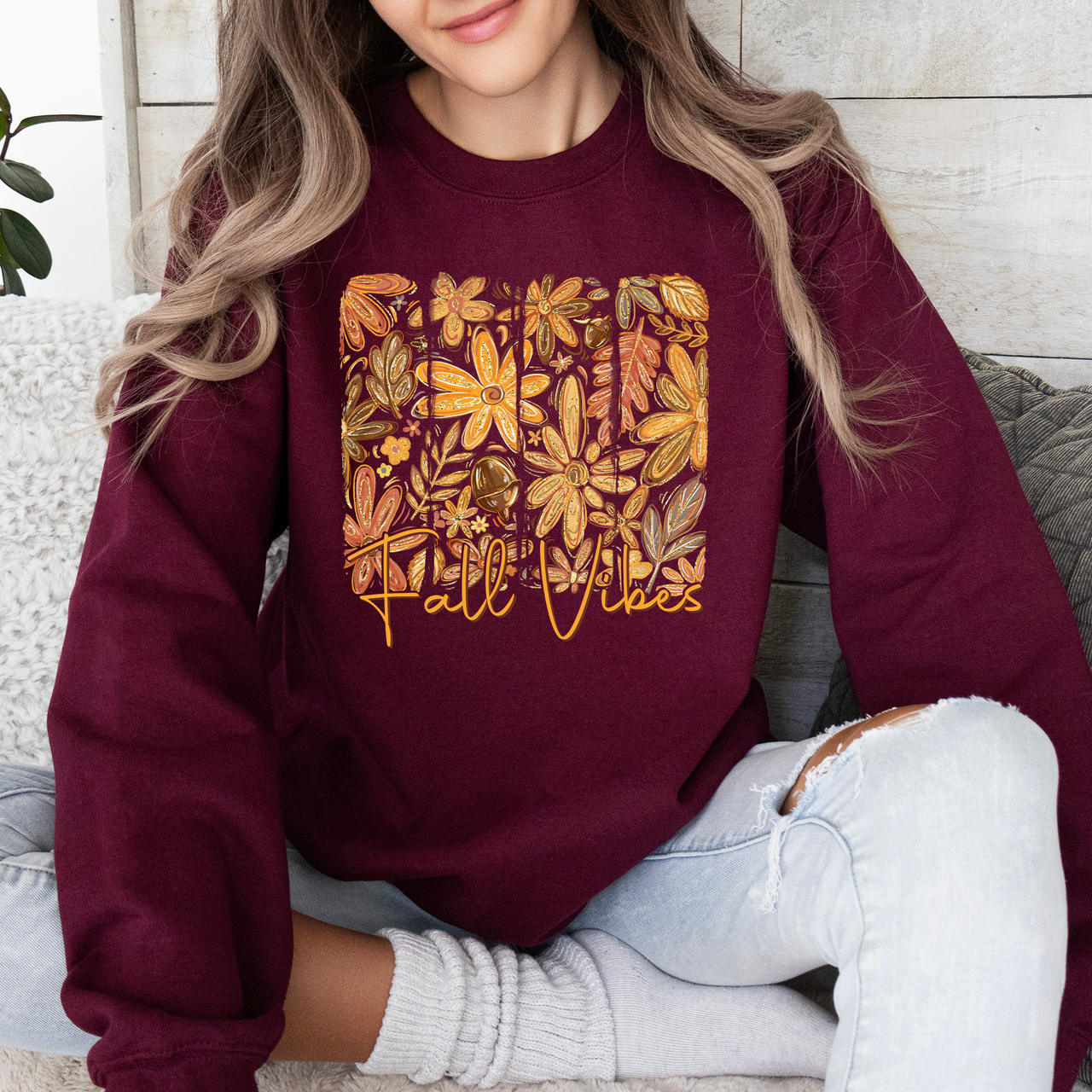 Fall Vibes Colorful Autumn Flowers Seasonal Cozy Minimalist Design Graphic Sweatshirt