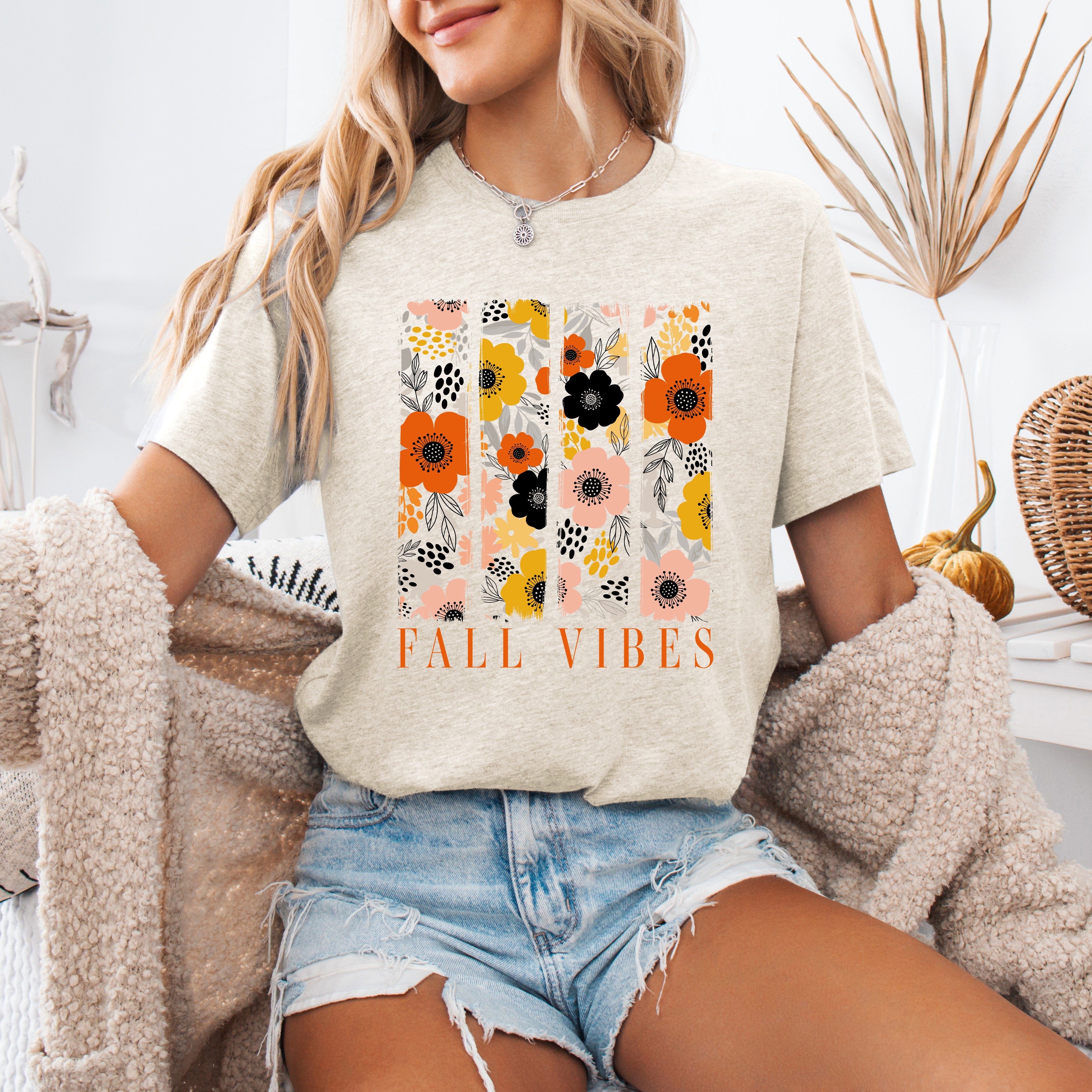 Fall Vibes, Floral Stripes, Beautiful Autumn Seasonal Collection Cozy Graphic Tee