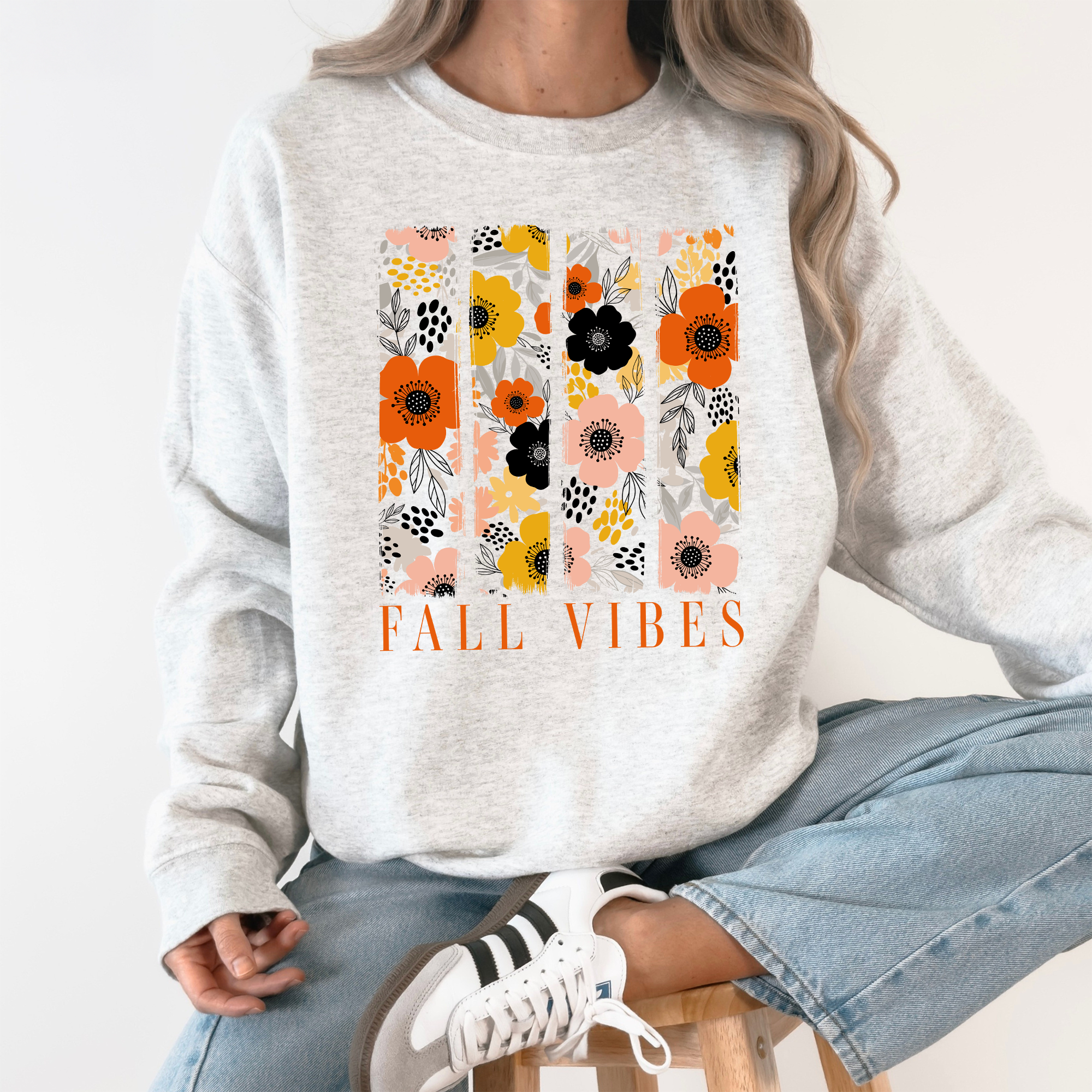 Fall Vibes Floral Stripes Beautiful Autumn Cozy Everyday Wear Soft Warm Lightweight Sweatshirt