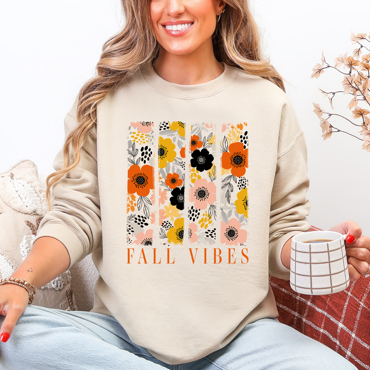 Fall Vibes Floral Stripes Beautiful Autumn Cozy Everyday Wear Soft Warm Lightweight Sweatshirt