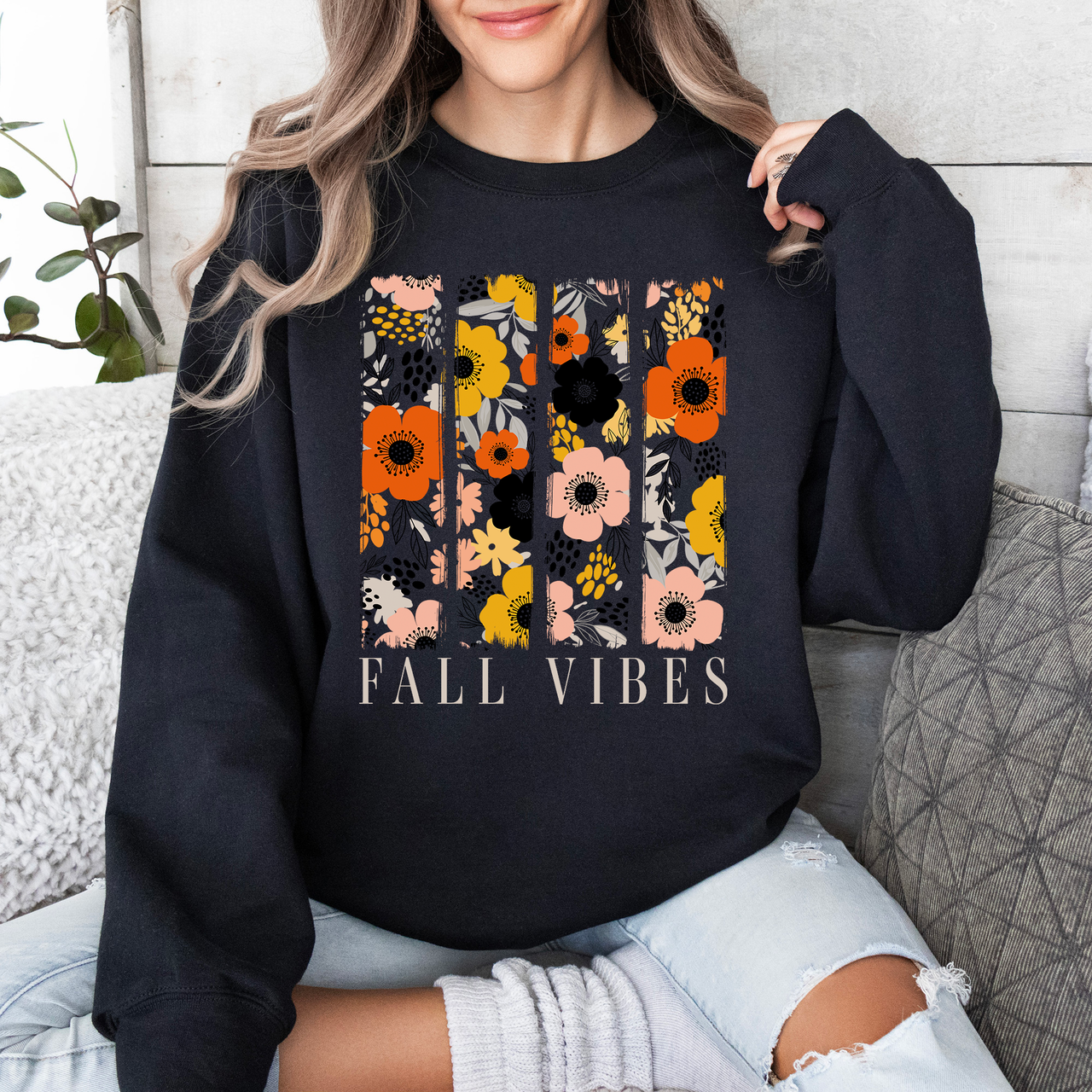 Fall Vibes Floral Stripes Beautiful Autumn Cozy Everyday Wear Soft Warm Lightweight Sweatshirt