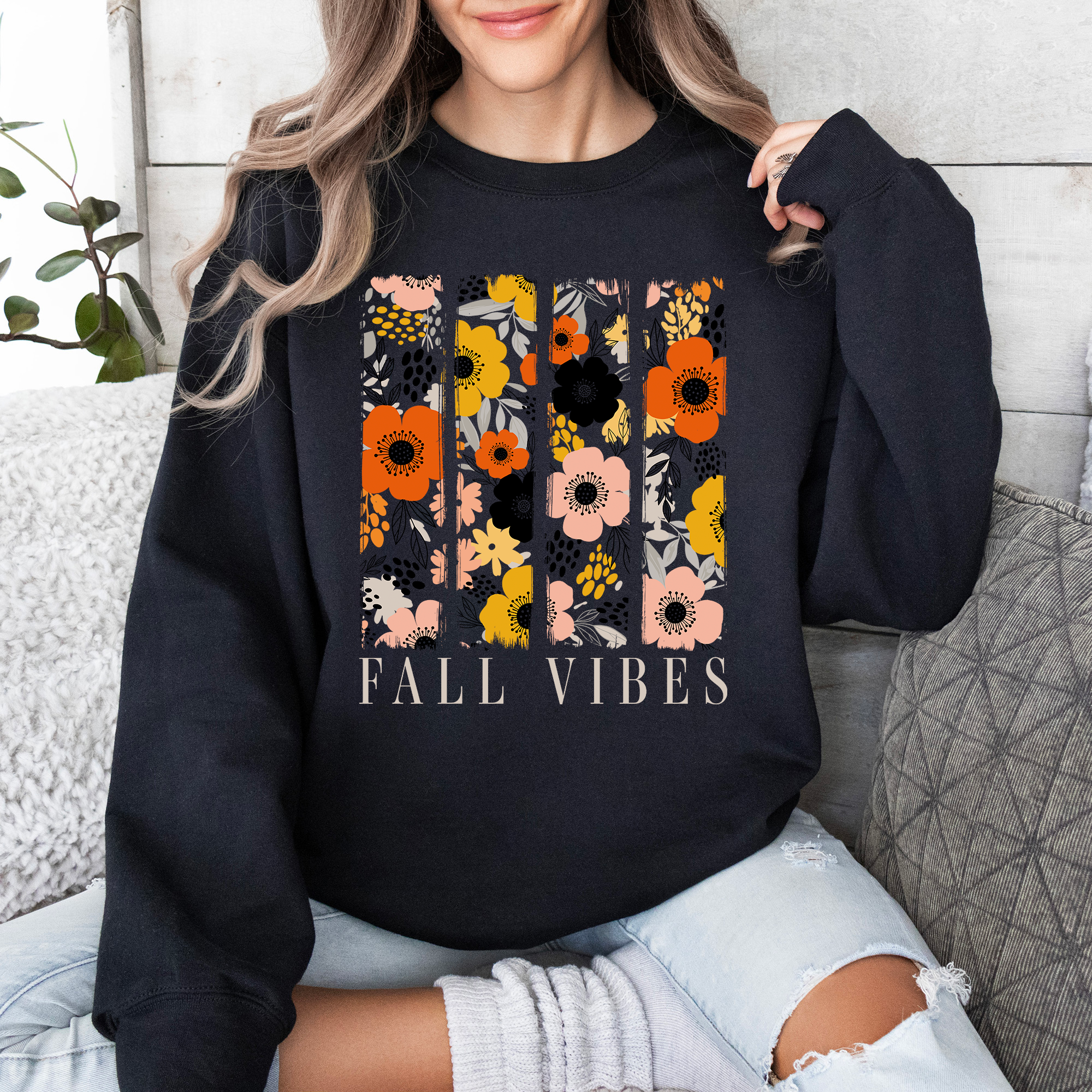 Fall Vibes Floral Stripes Beautiful Autumn Cozy Everyday Wear Soft Warm Lightweight Sweatshirt
