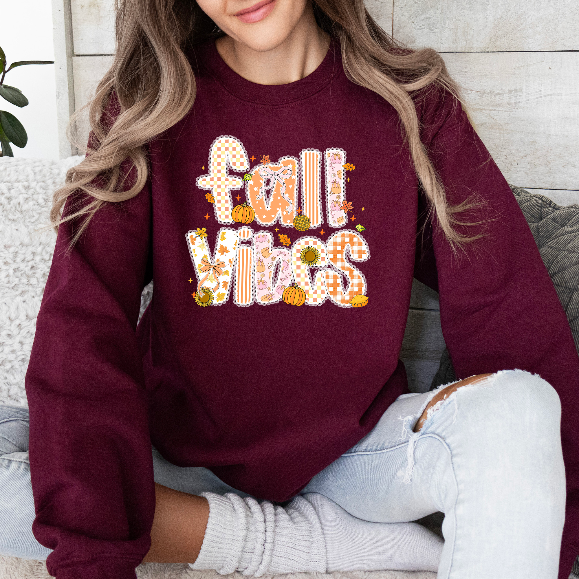 Fall Vibes Halloween Pumpkin Autumn Floral Pattern Sunflower Motifs Cozy Seasonal Collection Sweatshirt