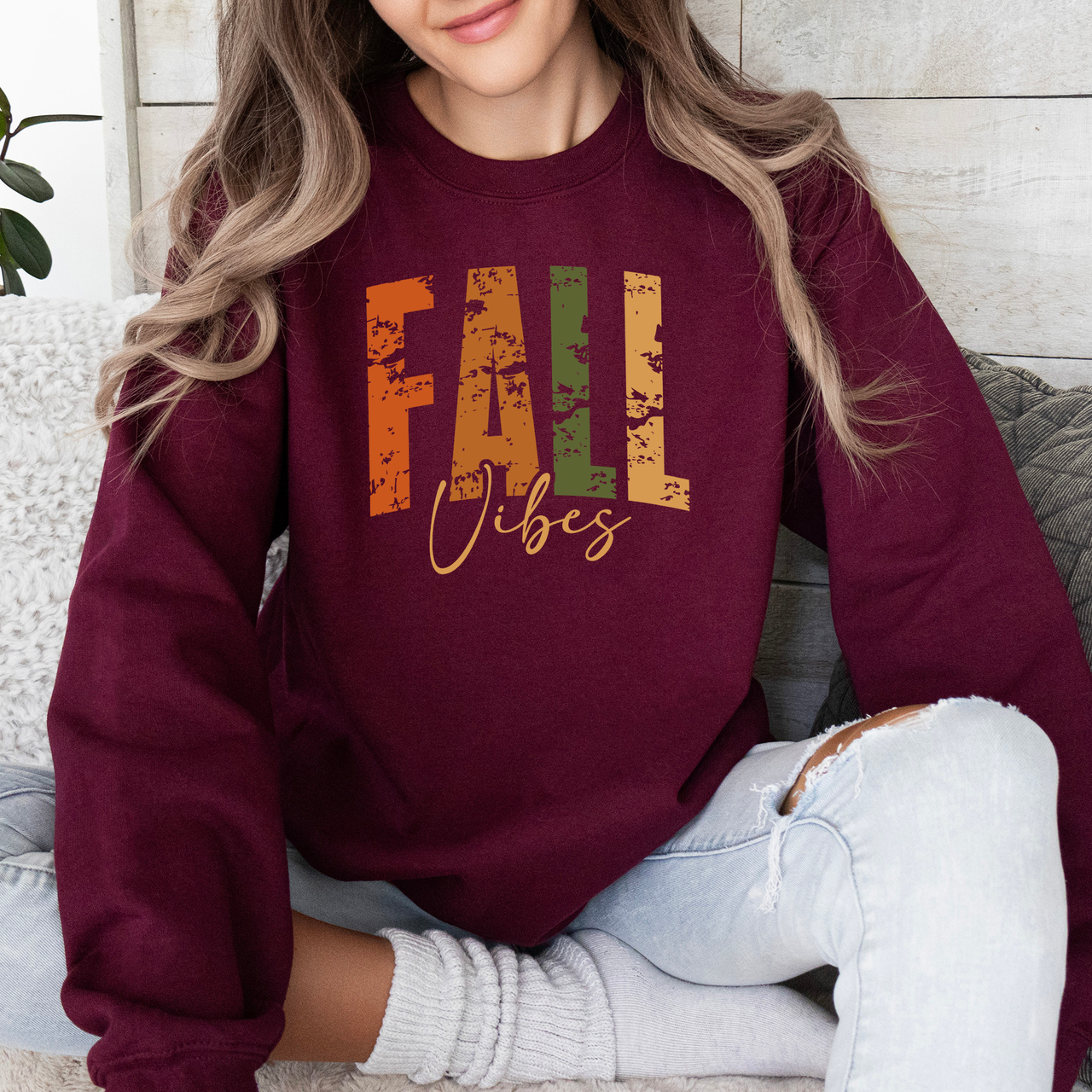 Fall Vibes Retro Varsity Autumn Pumpkin Floral Sunflower Accent Cozy Seasonal Sweatshirt