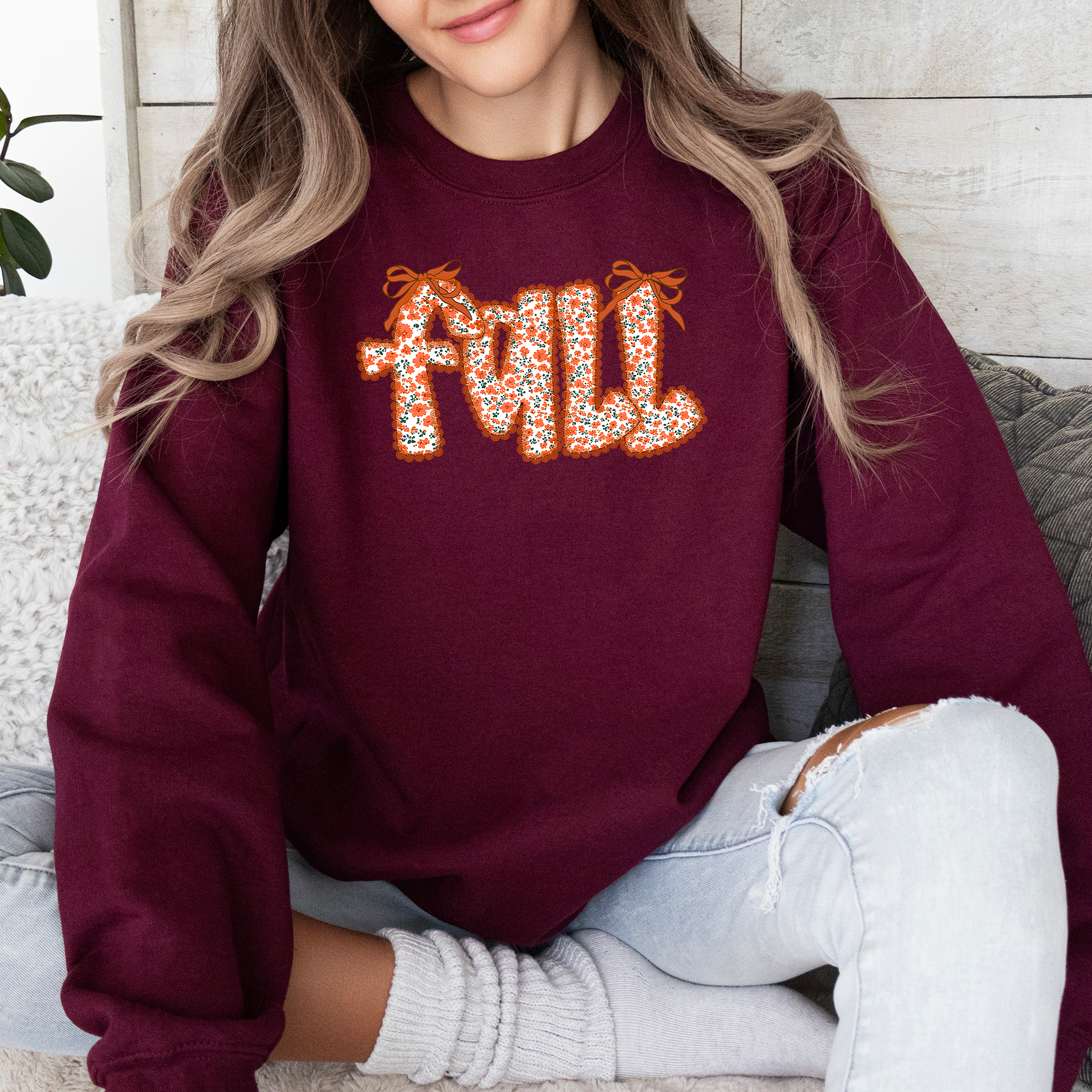 Coquette Fall Beautiful Ribbons Colorful Autumn Cozy Layered Ribbon Detail Sweatshirt