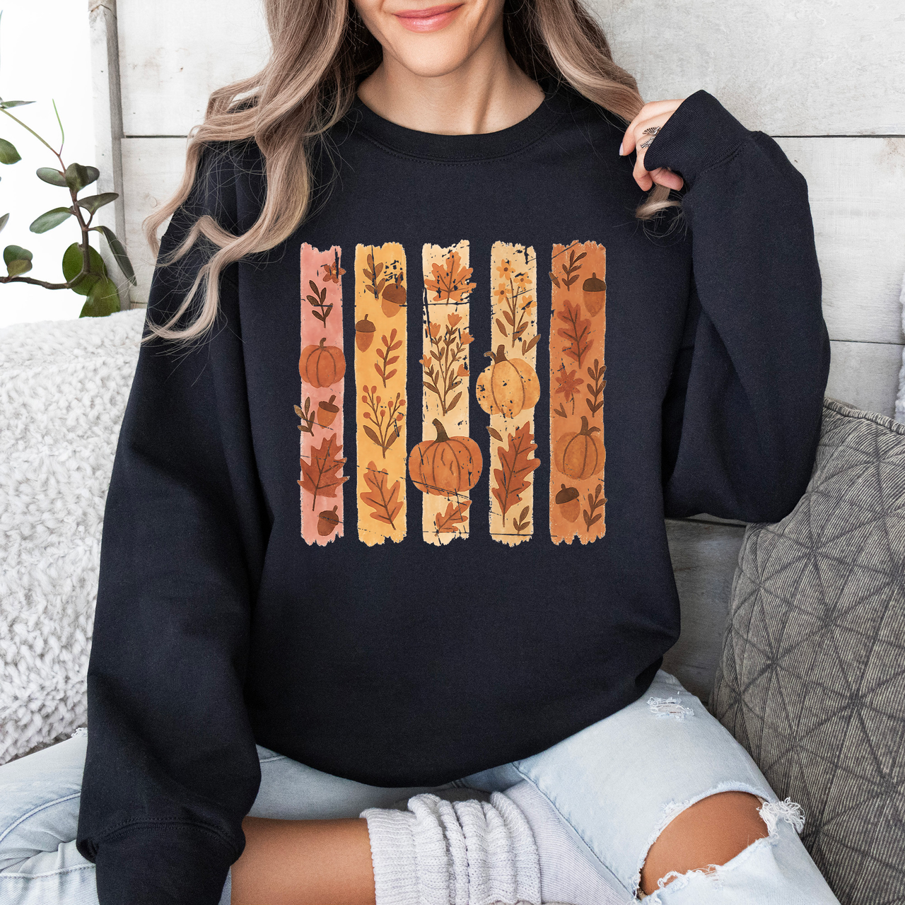 Fall Brush Stroke Floral Pumpkin Autumn Harvest Scene Artwork Inspired By Seasonal Mood Sweatshirt