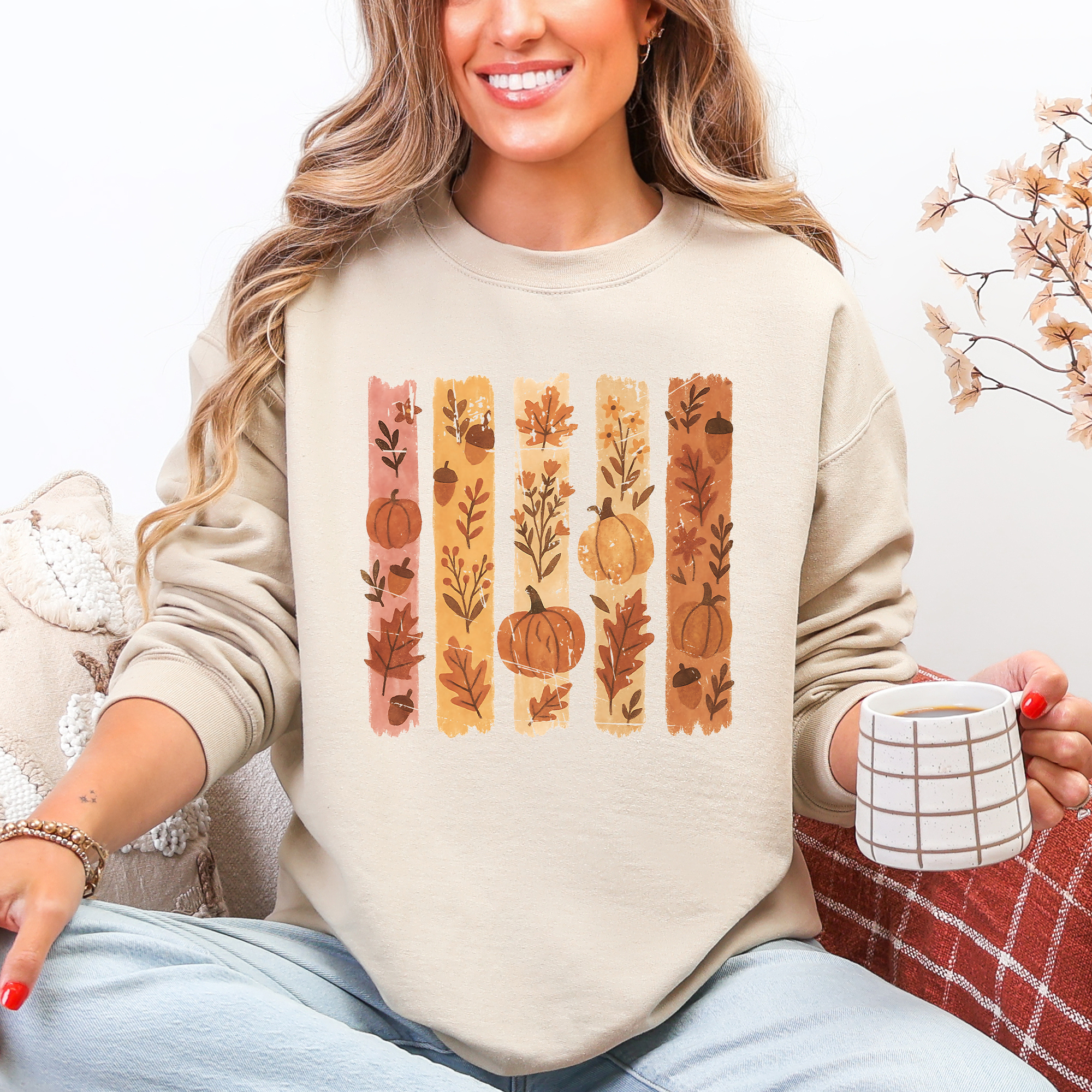 Fall Brush Stroke Floral Pumpkin Autumn Harvest Scene Artwork Inspired By Seasonal Mood Sweatshirt
