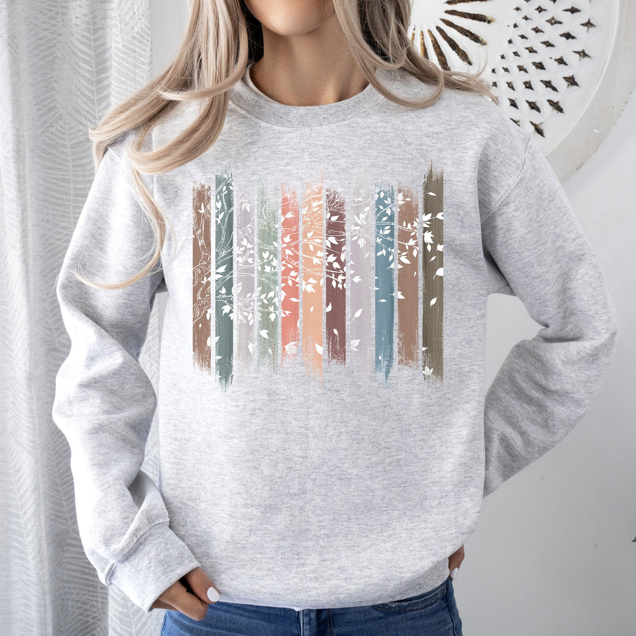 Falling Leaves, Botanical Stripes Autumn Nature-Inspired Print Cozy Fleece Sweatshirt