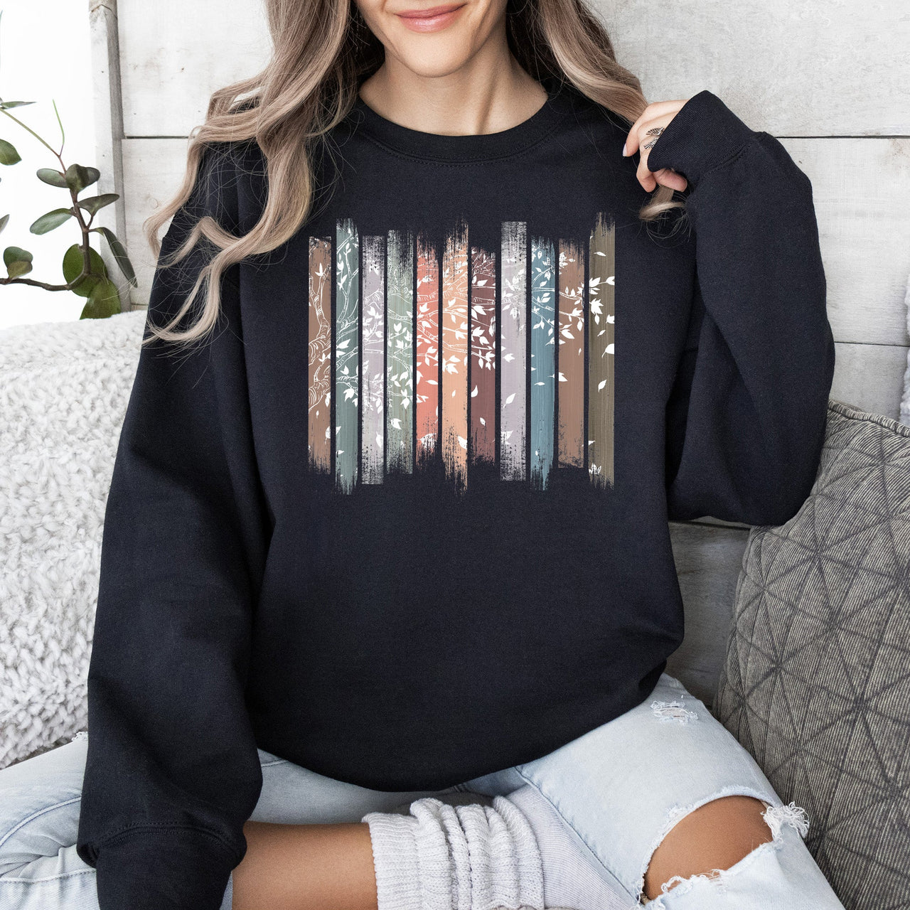 Falling Leaves, Botanical Stripes Autumn Nature-Inspired Print Cozy Fleece Sweatshirt