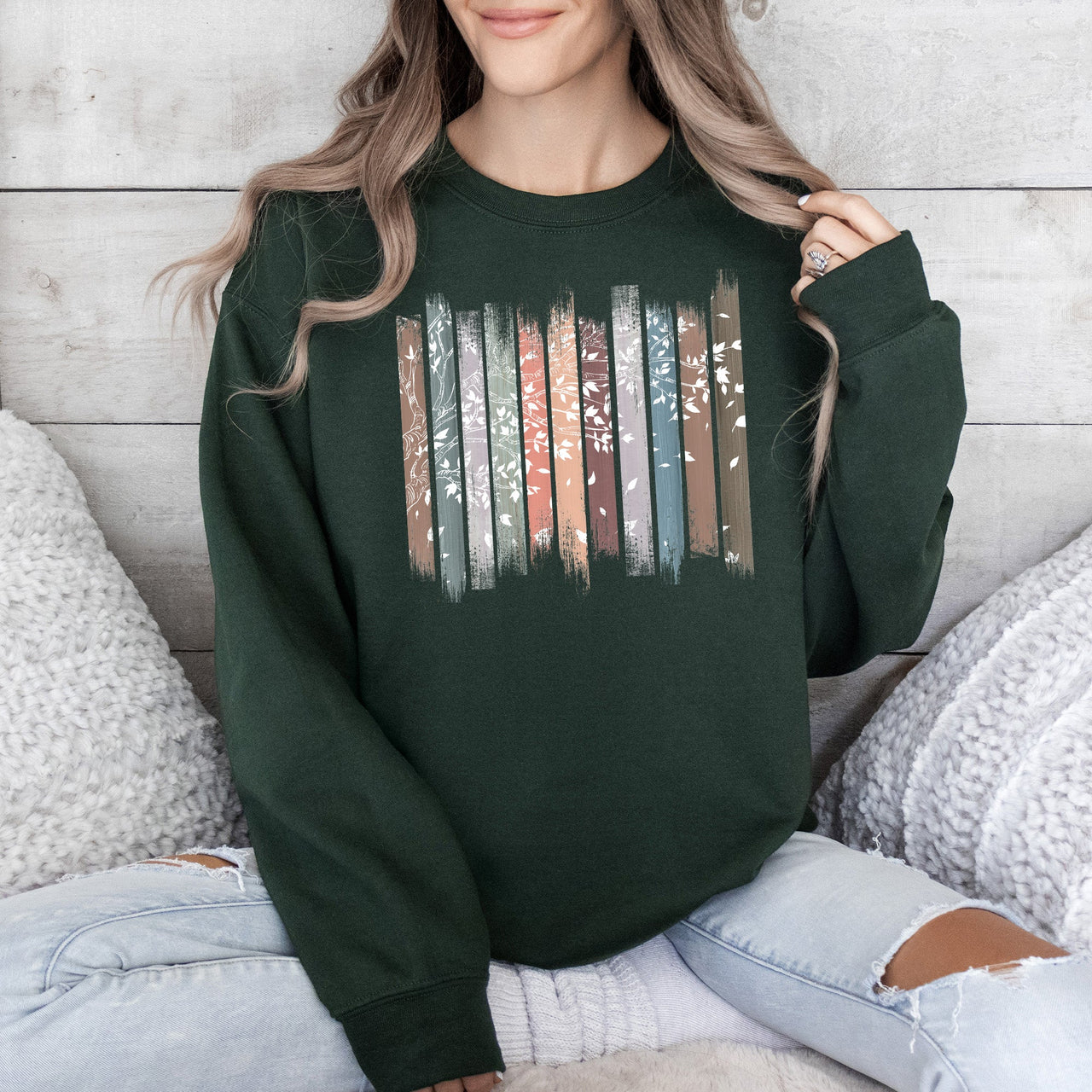 Falling Leaves, Botanical Stripes Autumn Nature-Inspired Print Cozy Fleece Sweatshirt