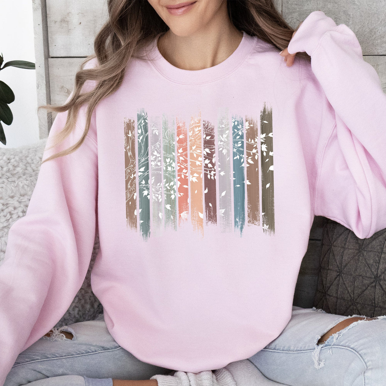 Falling Leaves, Botanical Stripes Autumn Nature-Inspired Print Cozy Fleece Sweatshirt