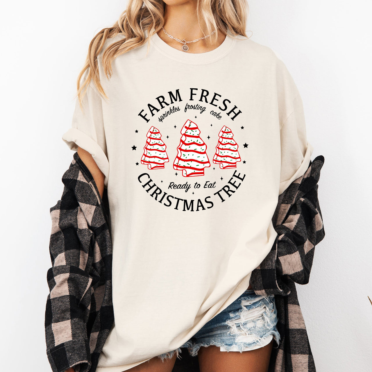 Farm Fresh Christmas Tree And Cake Winter Santa Xmas Scene With Festive Farmhouse Charm Comfort Colors Tee