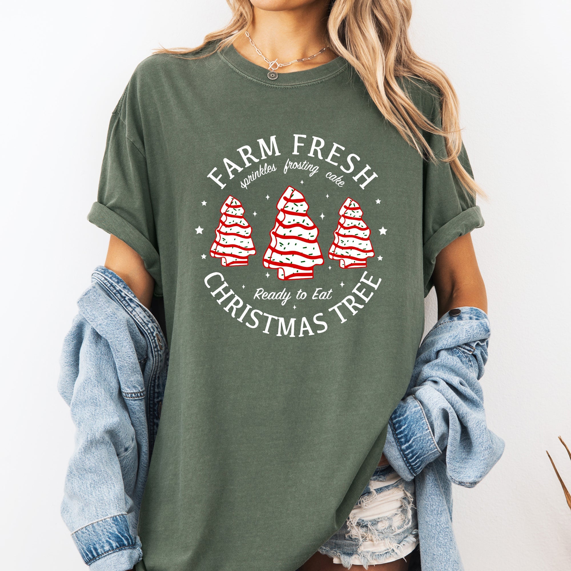 Farm Fresh Christmas Tree And Cake Winter Santa Xmas Scene With Festive Farmhouse Charm Comfort Colors Tee