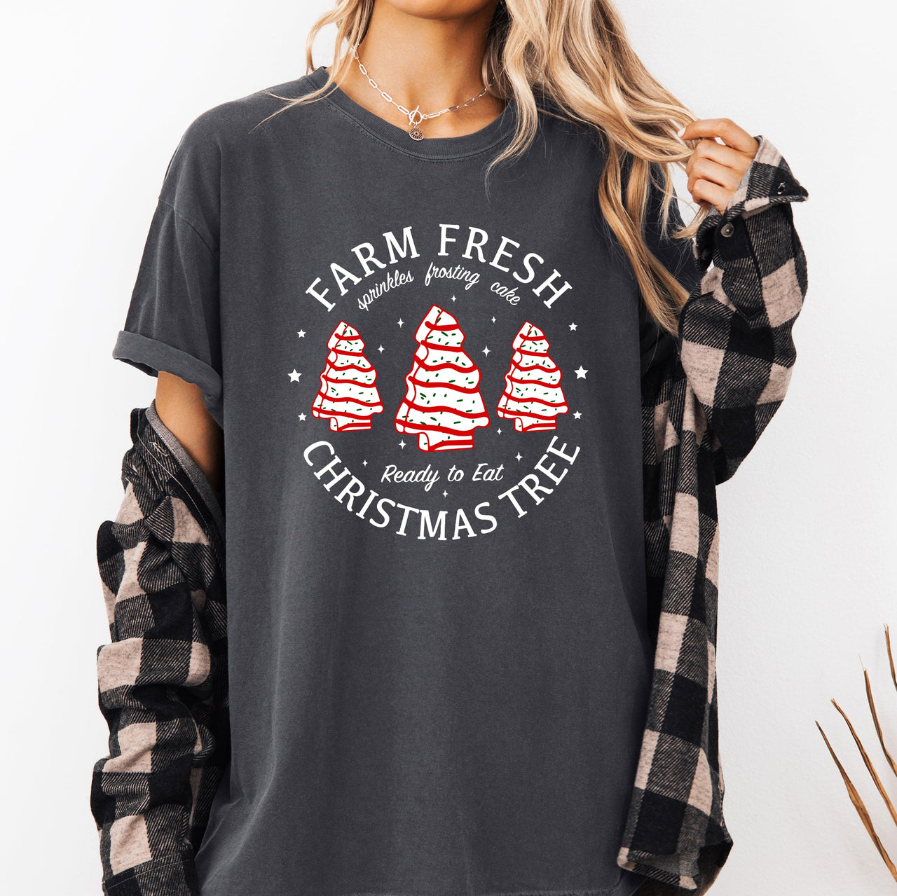 Farm Fresh Christmas Tree And Cake Winter Santa Xmas Scene With Festive Farmhouse Charm Comfort Colors Tee