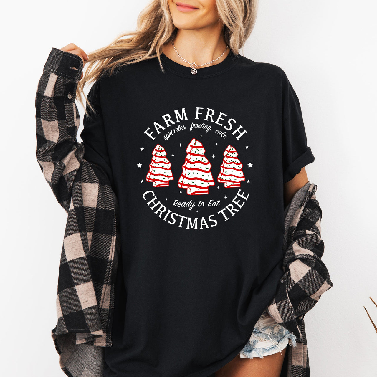 Farm Fresh Christmas Tree And Cake Winter Santa Xmas Scene With Festive Farmhouse Charm Comfort Colors Tee