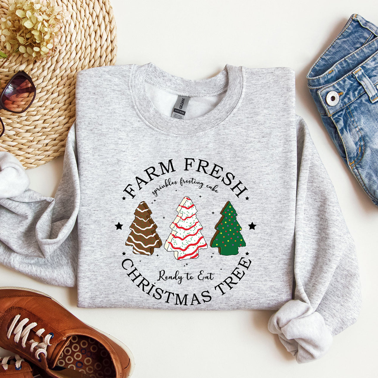 Farm Fresh Christmas Tree, White And Green Cakes, Winter, Santa, Xmas Sweatshirt