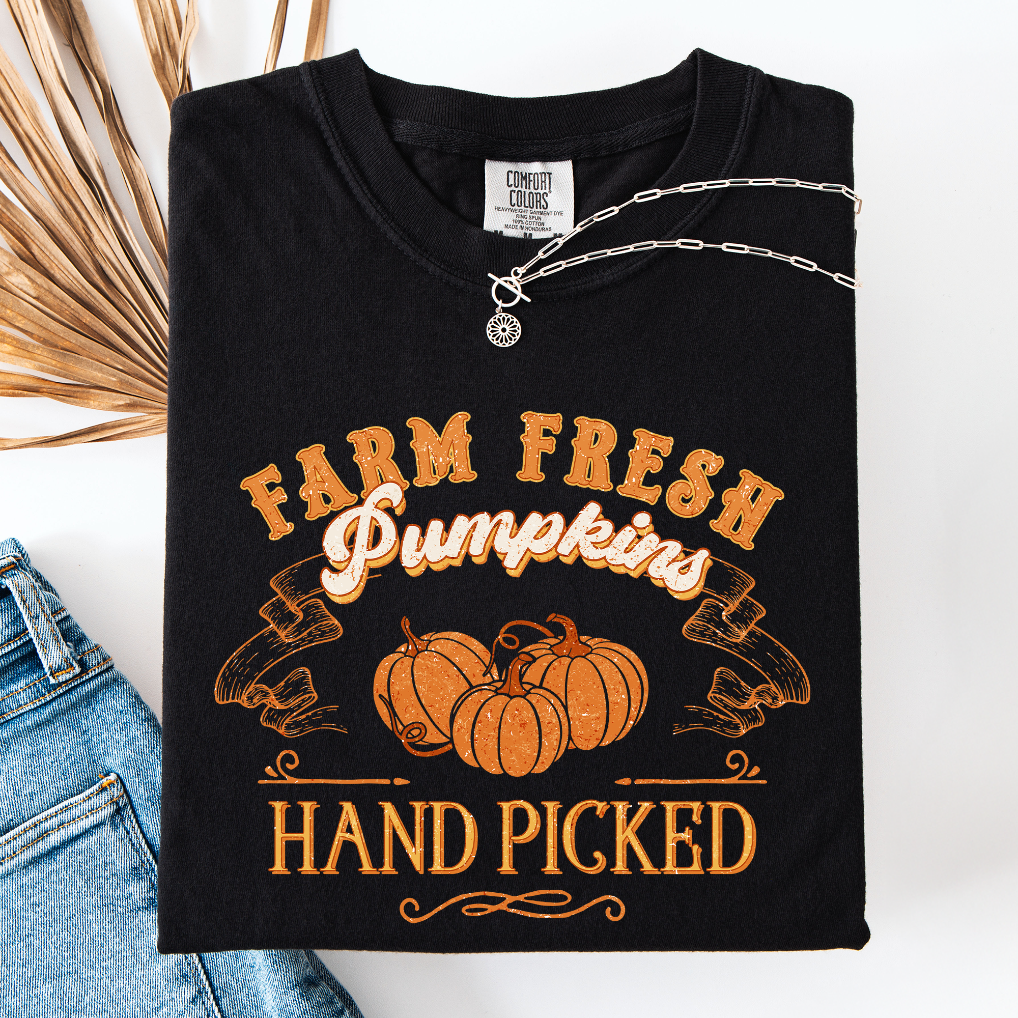 Fall Brush Stroke Floral Pumpkin Motif With Delicate Floral Pattern Autumn Harvest Comfort Colors Tee