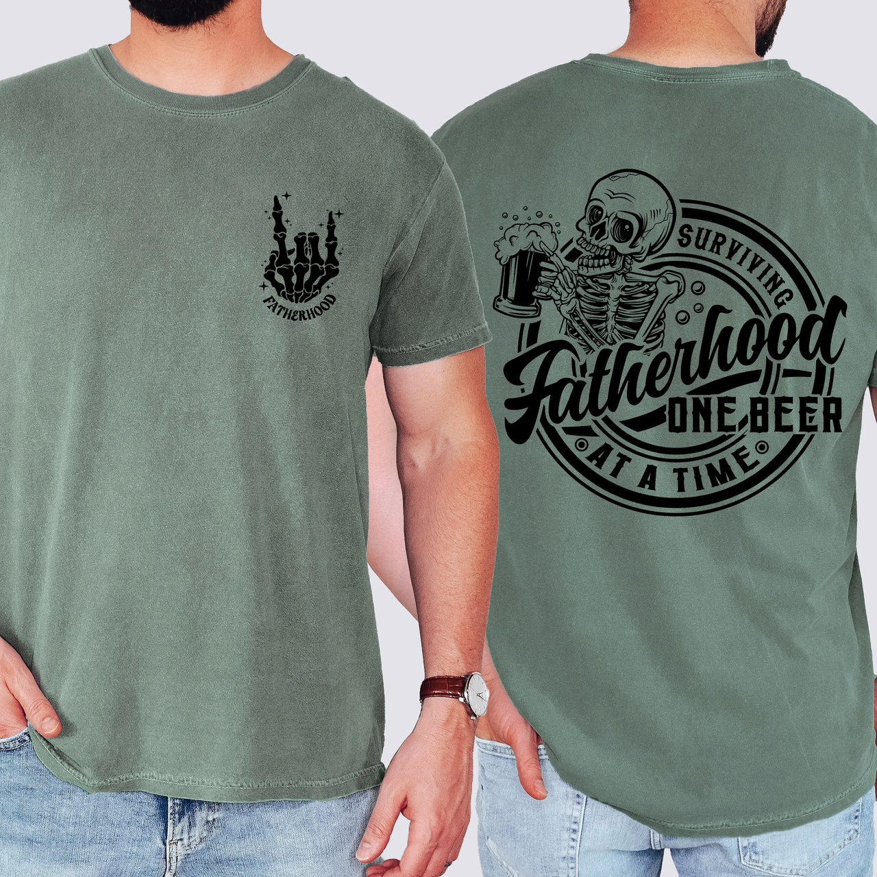 Fatherhood One Beer At A Time Skeleton Dad Humor Father's Day Comfort Colors Tee