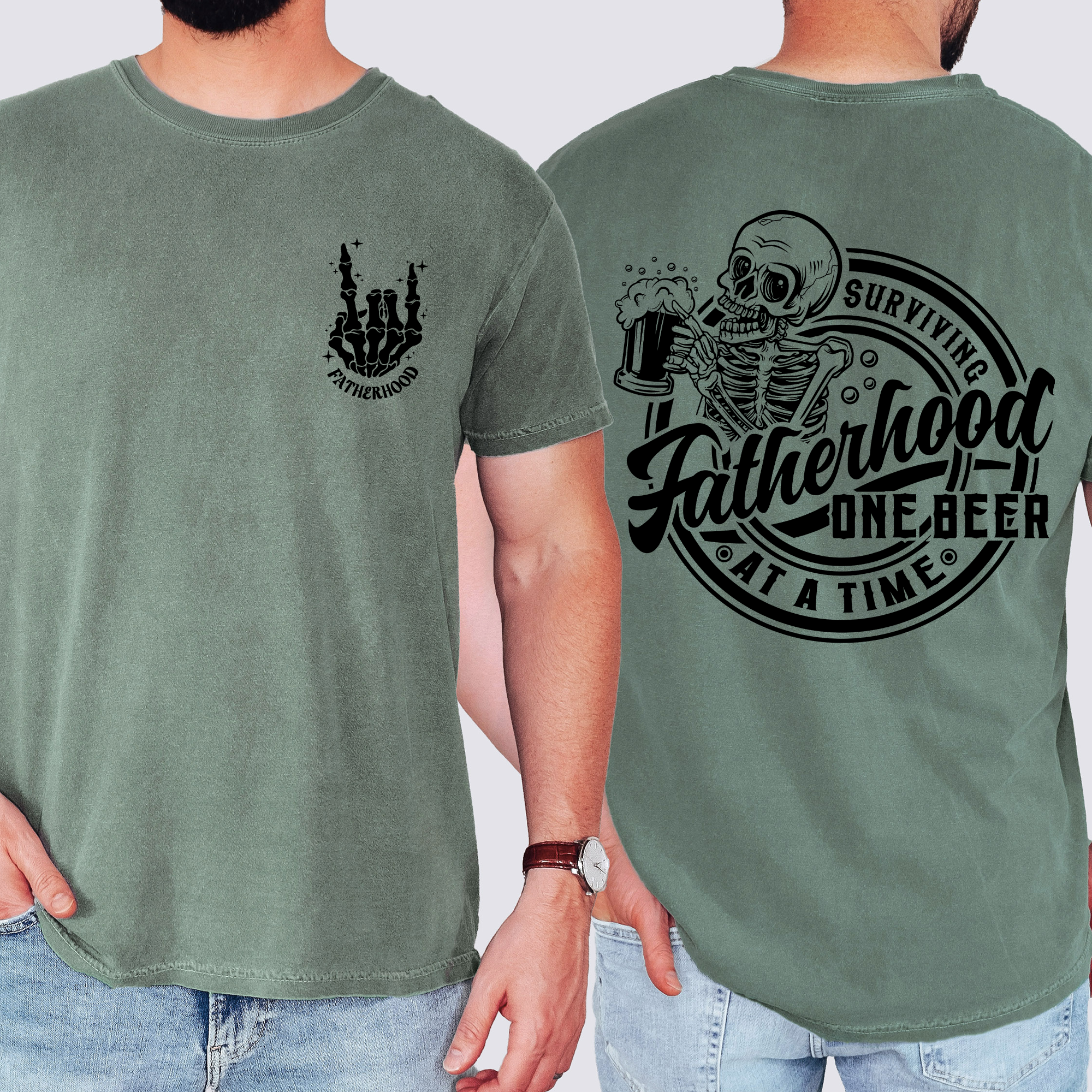 Fatherhood One Beer At A Time Skeleton Dad Humor Father's Day Comfort Colors Tee