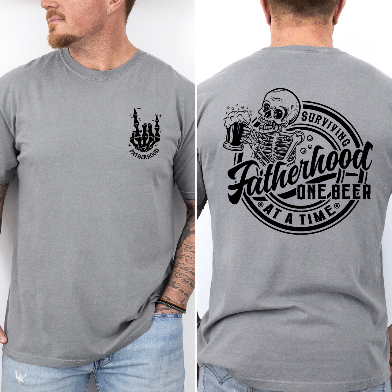 Fatherhood One Beer At A Time Skeleton Dad Humor Father's Day Comfort Colors Tee