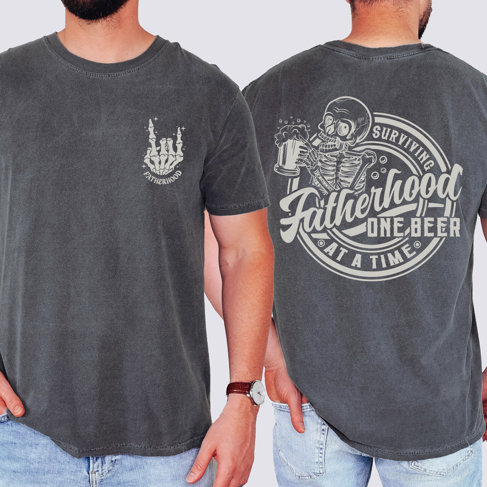 Fatherhood One Beer At A Time Skeleton Dad Humor Father's Day Comfort Colors Tee