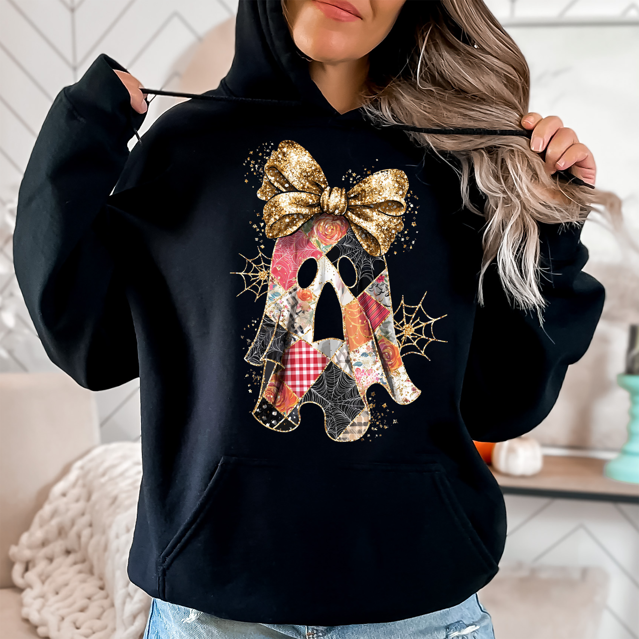 Faux Glitter Patchwork Ghost Spooky Season Coquette Ghost Autumn Cozy Halloween Night Graphic Hoodie