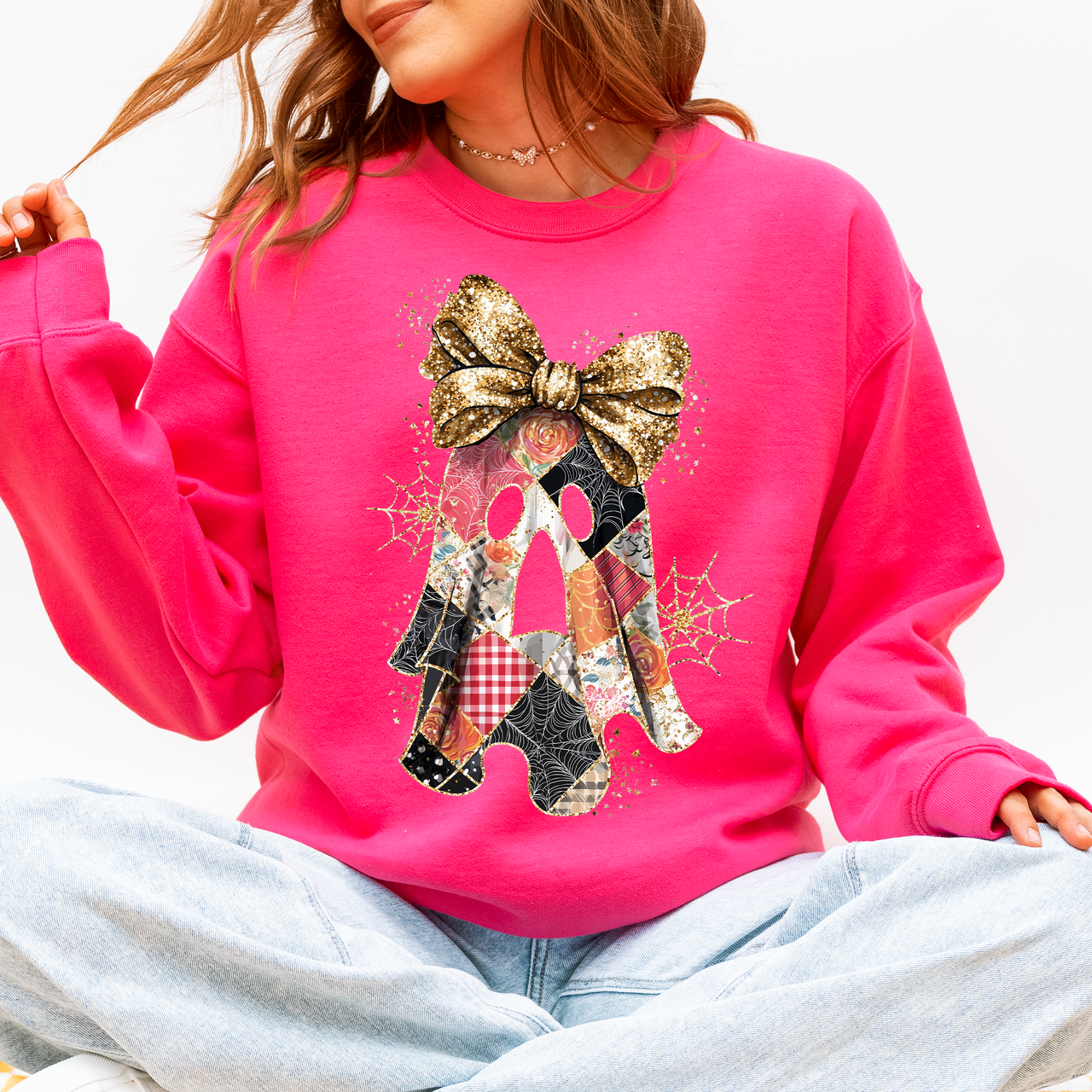 Faux Glitter Patchwork Ghost Coquette Halloween Retro Spooky Season Graphic Sweatshirt