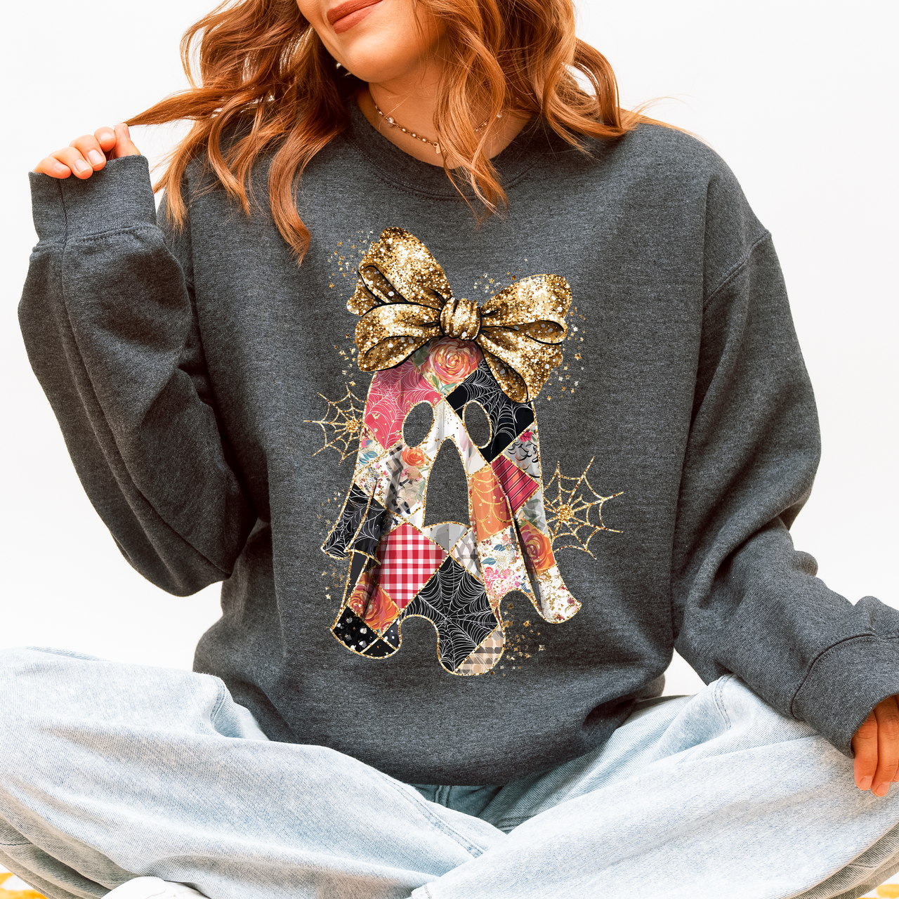Faux Glitter Patchwork Ghost Coquette Halloween Retro Spooky Season Graphic Sweatshirt