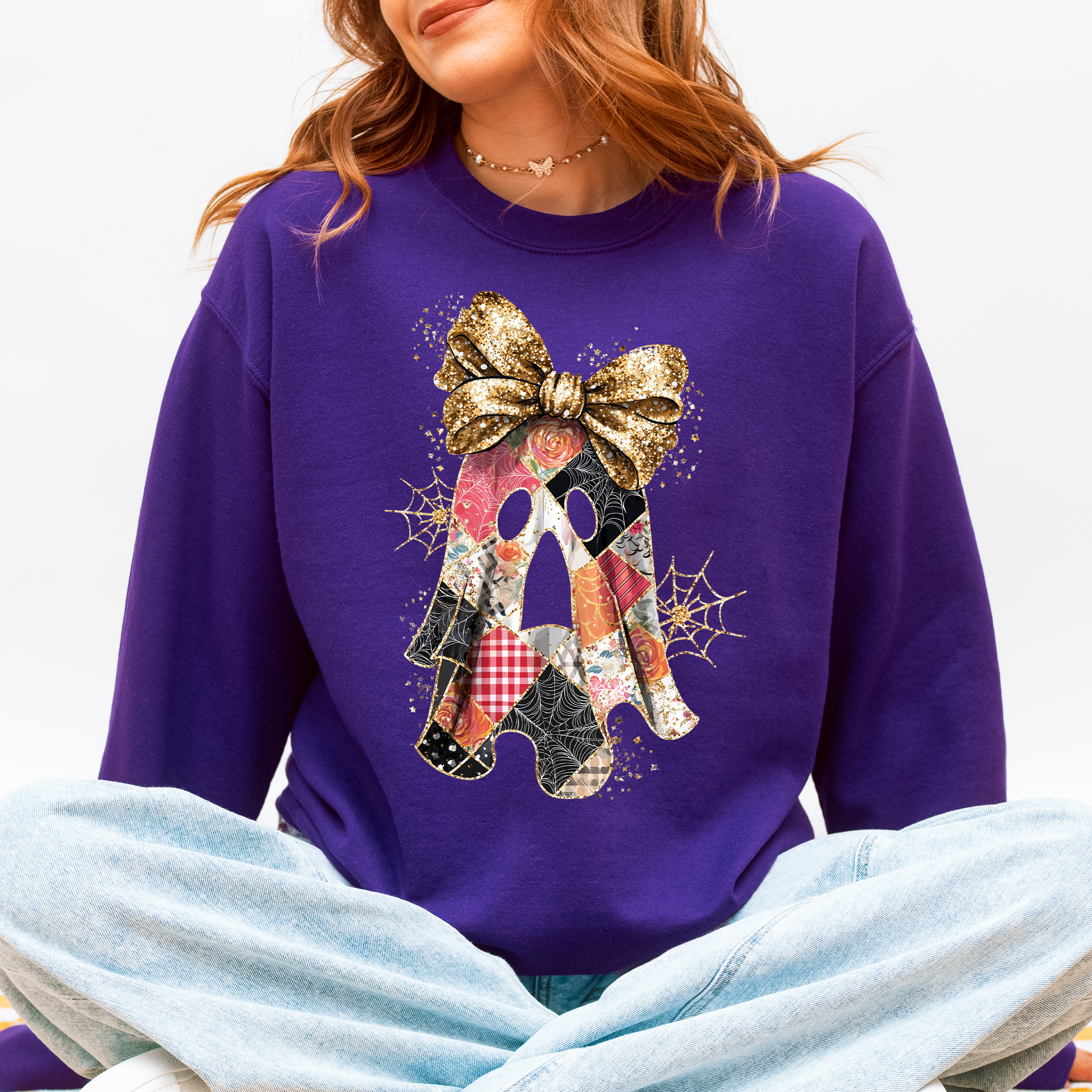 Faux Glitter Patchwork Ghost Coquette Halloween Retro Spooky Season Graphic Sweatshirt