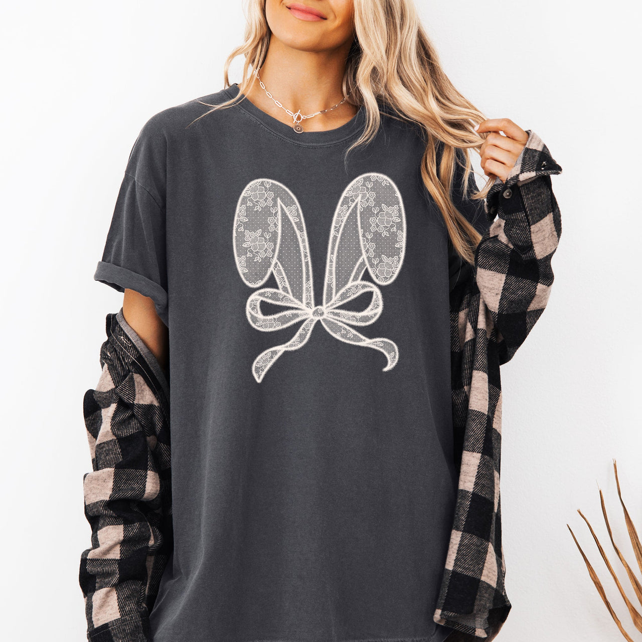 Faux Lace Bunny Ears Coquette Easter Bunny Jesus Rabbit Holiday Comfort Colors Tee