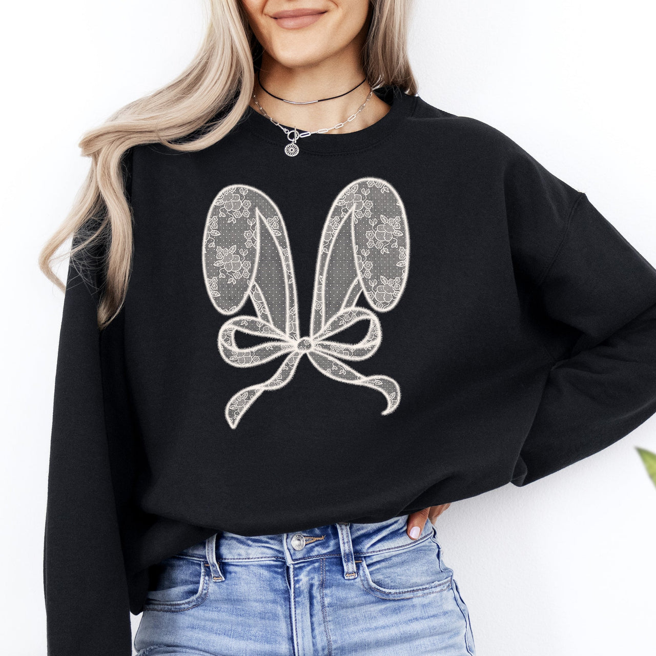 Faux Lace Bunny Ears Coquette Easter Bunny Jesus Rabbit Holiday Festive Religious Inspired Cozy Sweatshirt