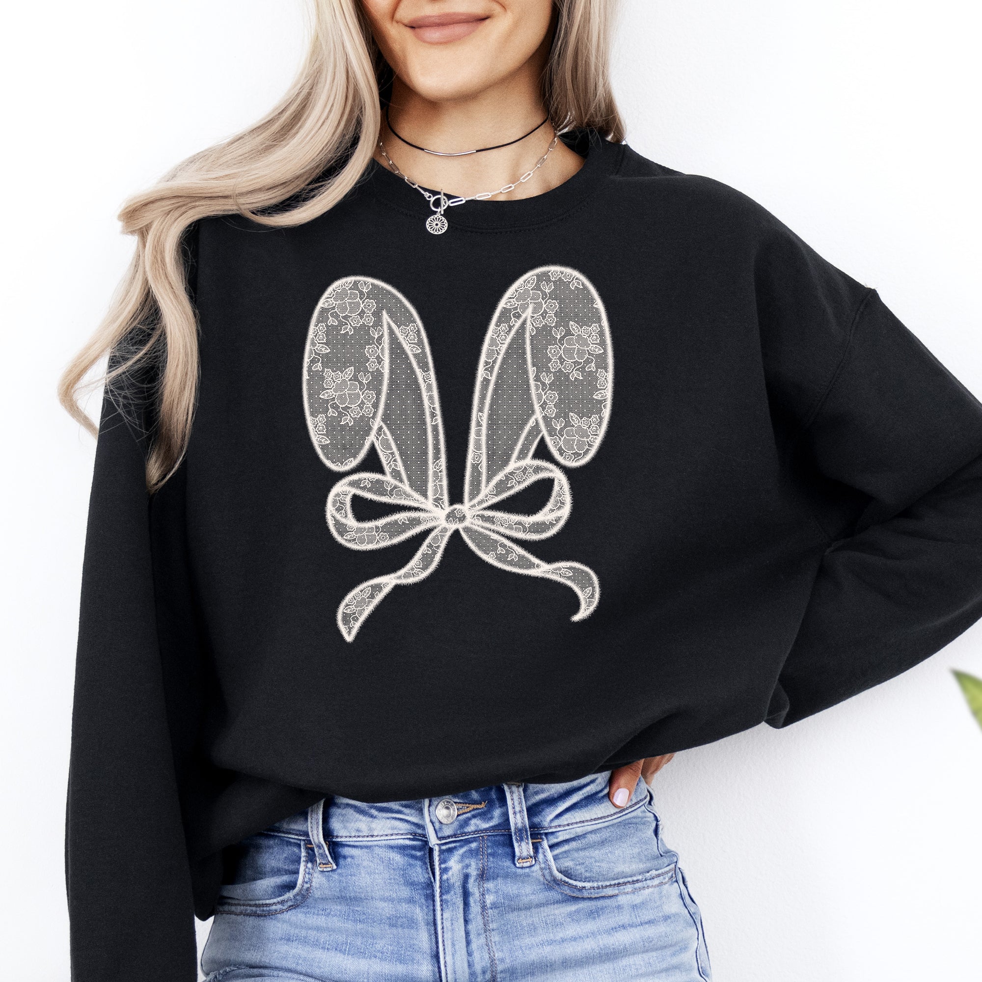 Faux Lace Bunny Ears Coquette Easter Bunny Jesus Rabbit Holiday Festive Religious Inspired Cozy Sweatshirt