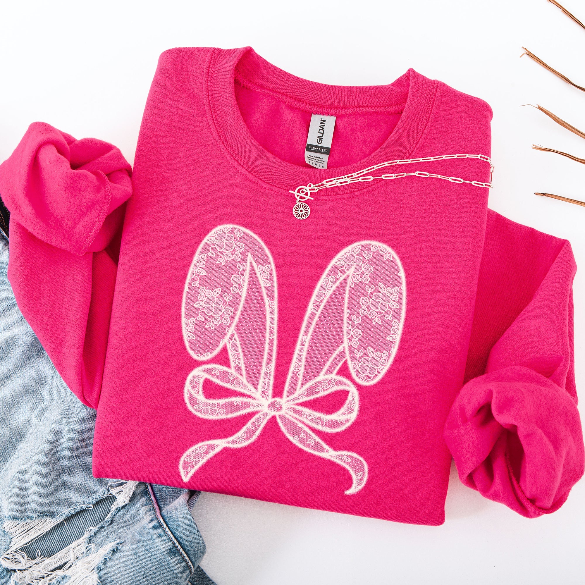 Faux Lace Bunny Ears Coquette Easter Bunny Jesus Rabbit Holiday Festive Religious Inspired Cozy Sweatshirt