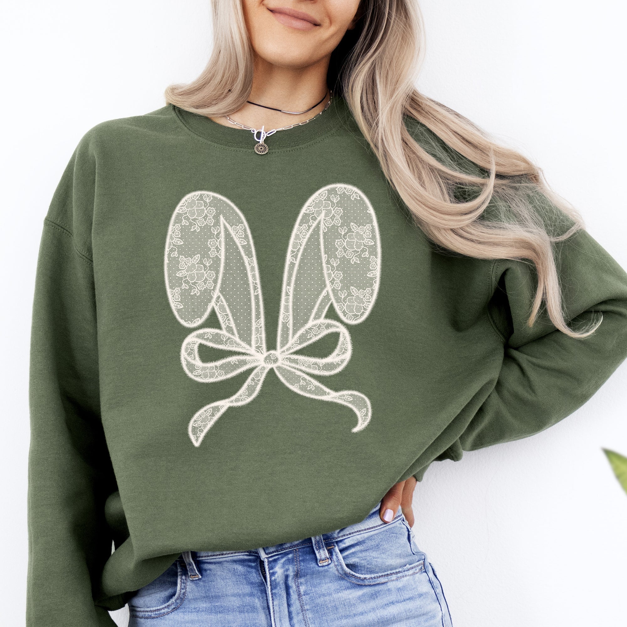 Faux Lace Bunny Ears Coquette Easter Bunny Jesus Rabbit Holiday Festive Religious Inspired Cozy Sweatshirt