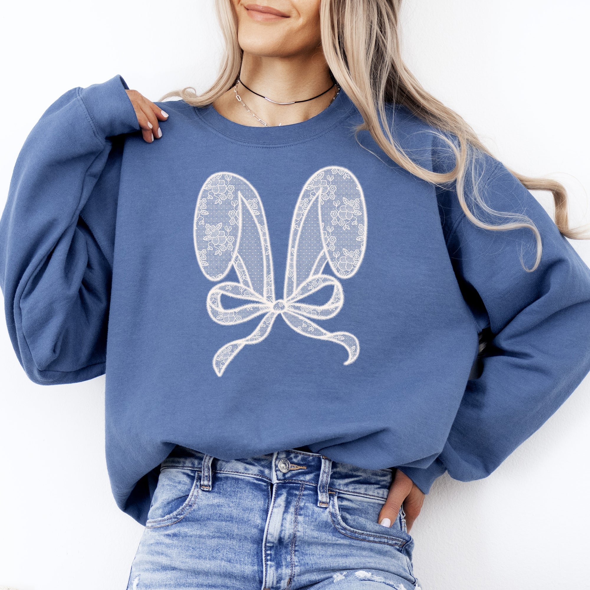 Faux Lace Bunny Ears Coquette Easter Bunny Jesus Rabbit Holiday Festive Religious Inspired Cozy Sweatshirt
