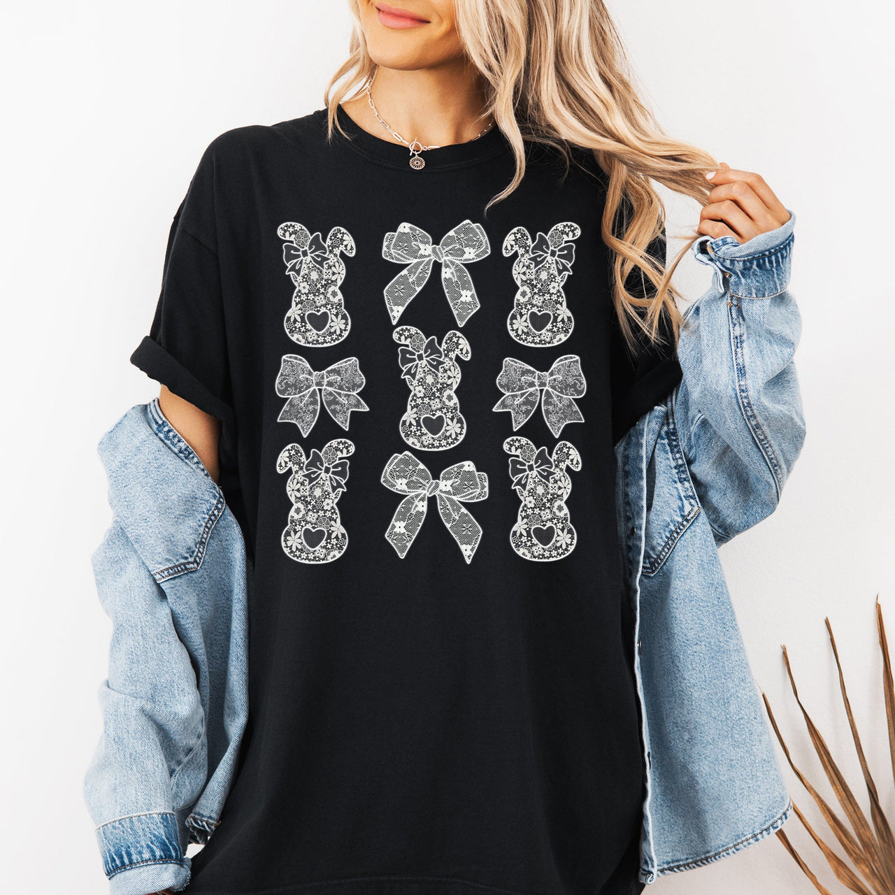 Faux Lace Bunny Coquette Bow Ribbons Easter Jesus Rabbit Holiday Theme Comfort Colors Tee