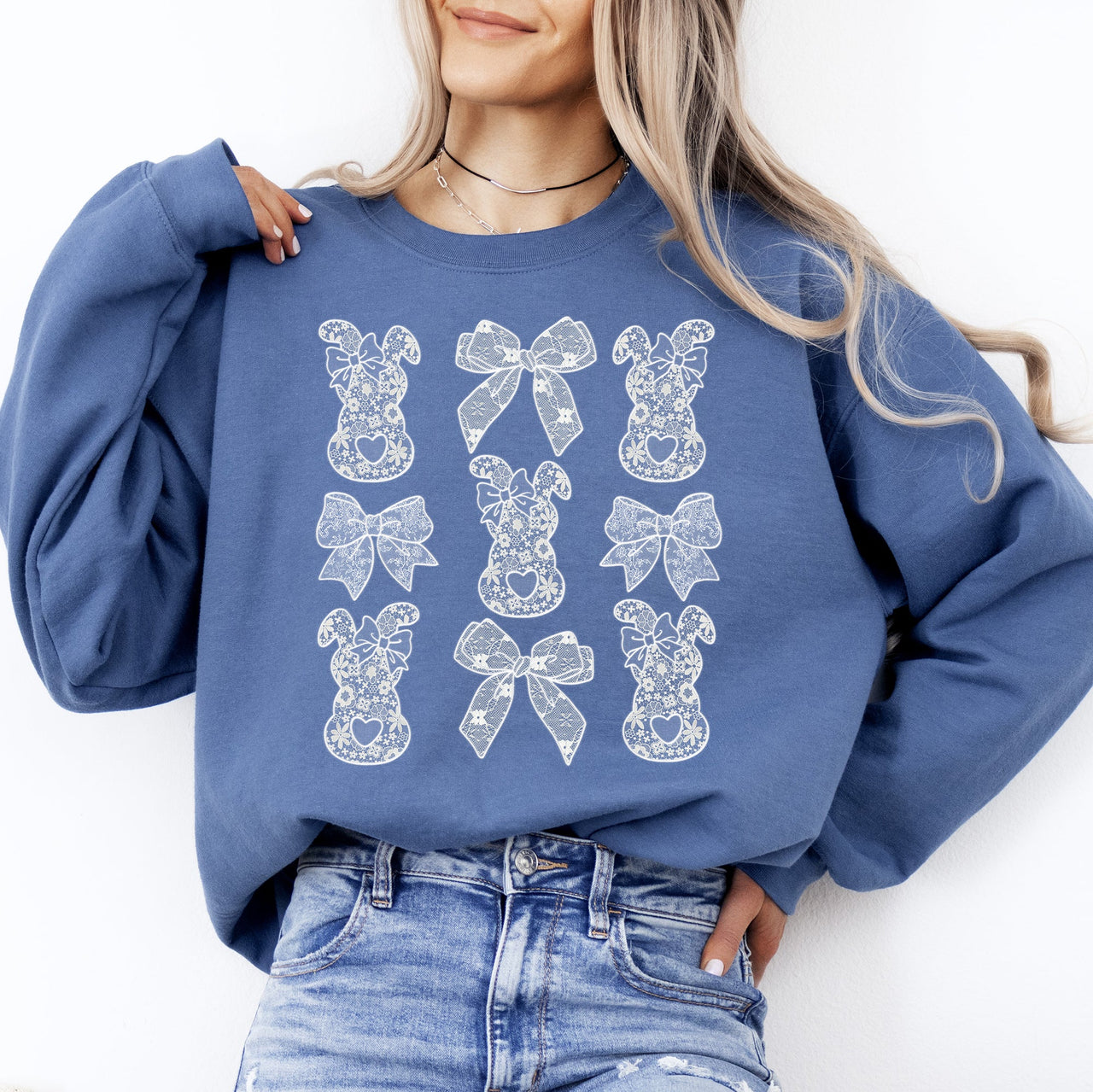 Faux Lace Bunny Coquette Bow Ribbons Easter Bunny Jesus Rabbit Holiday Seasonal Cheer Sweatshirt