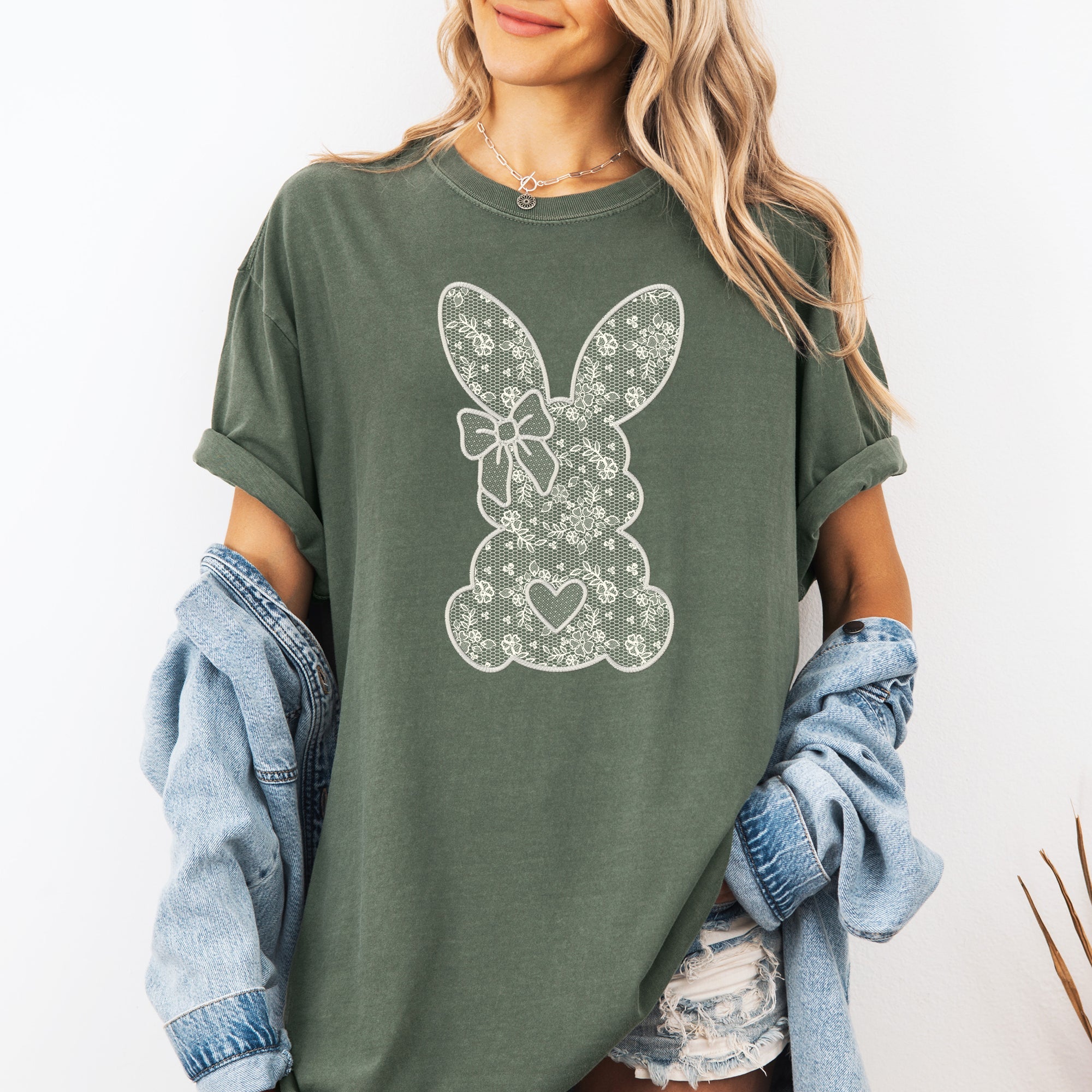 Faux Lace Bunny Coquette Easter Jesus Rabbit Holiday Illustration Comfort Colors Tee