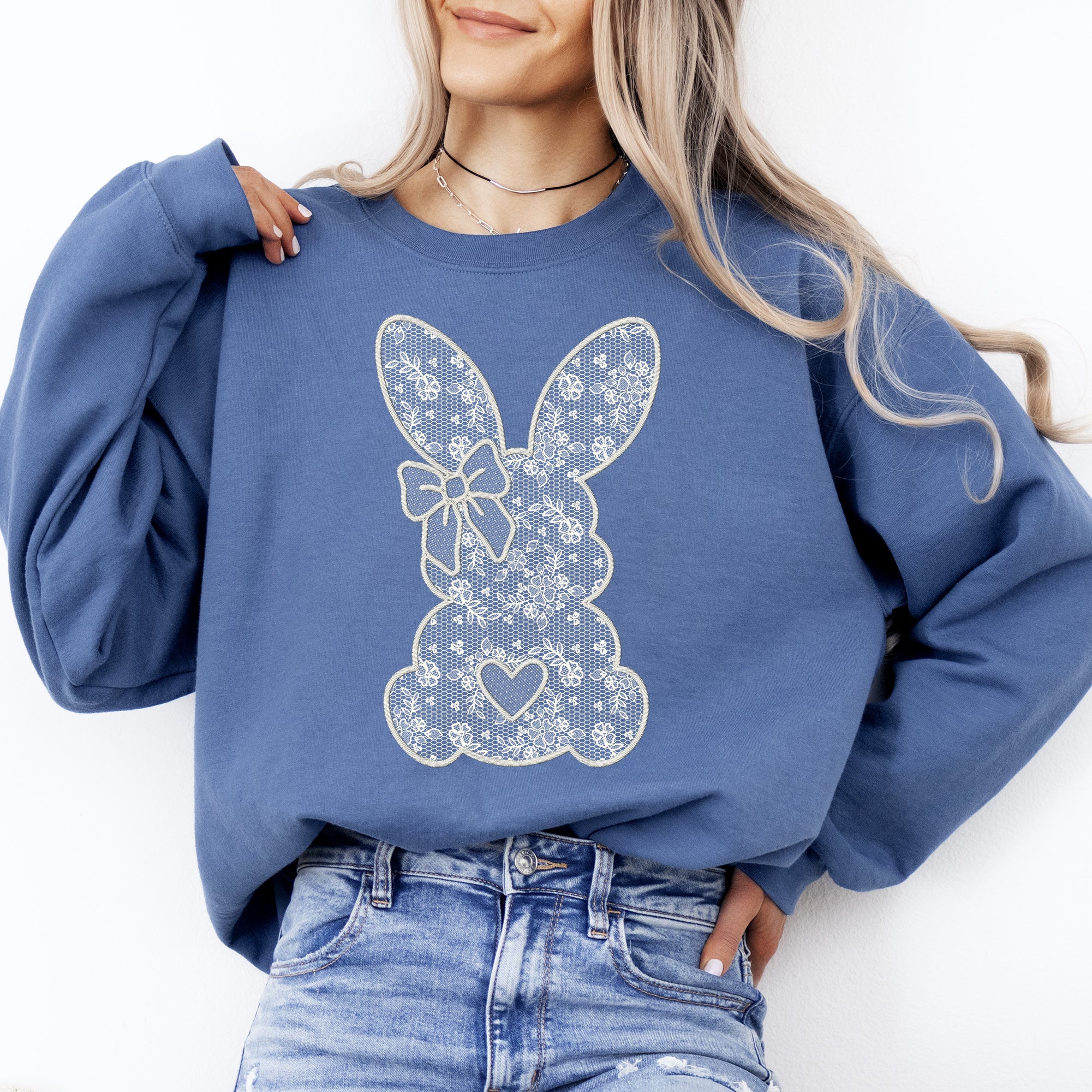 Faux Lace Bunny Coquette Easter Jesus Rabbit Holiday Celebration Edition Sweatshirt