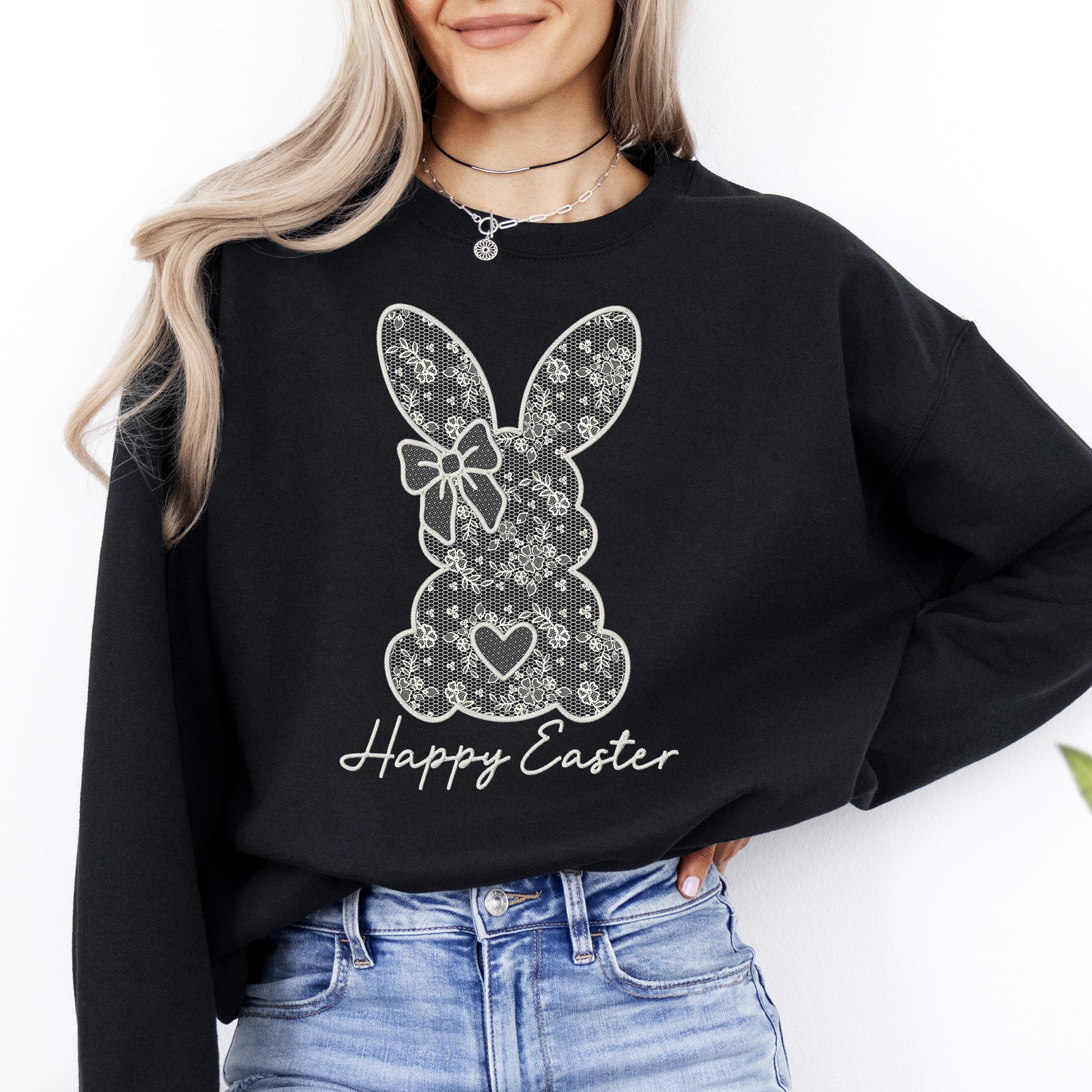 Faux Lace Bunny Coquette Happy Easter Easter Bunny Jesus Rabbit Holiday Sweatshirt