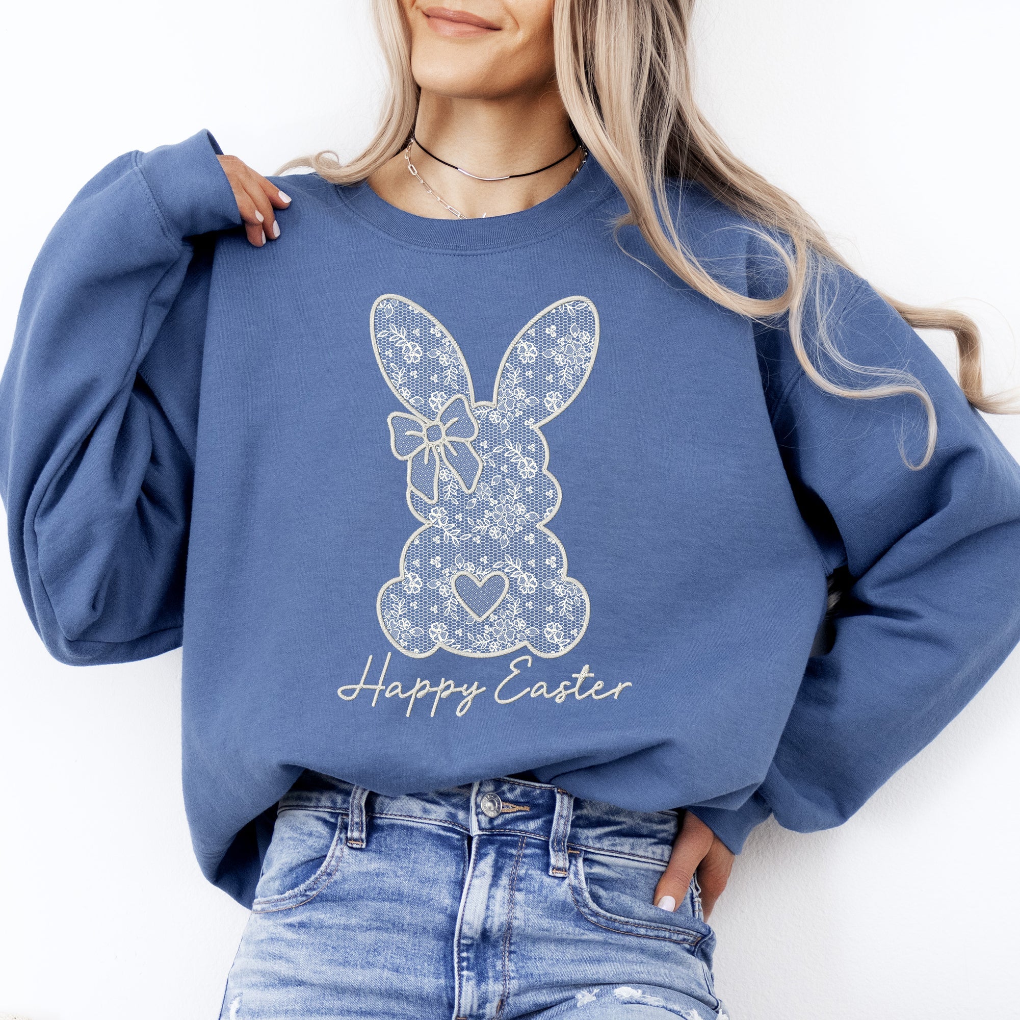 Faux Lace Bunny Coquette Happy Easter Easter Bunny Jesus Rabbit Holiday Sweatshirt