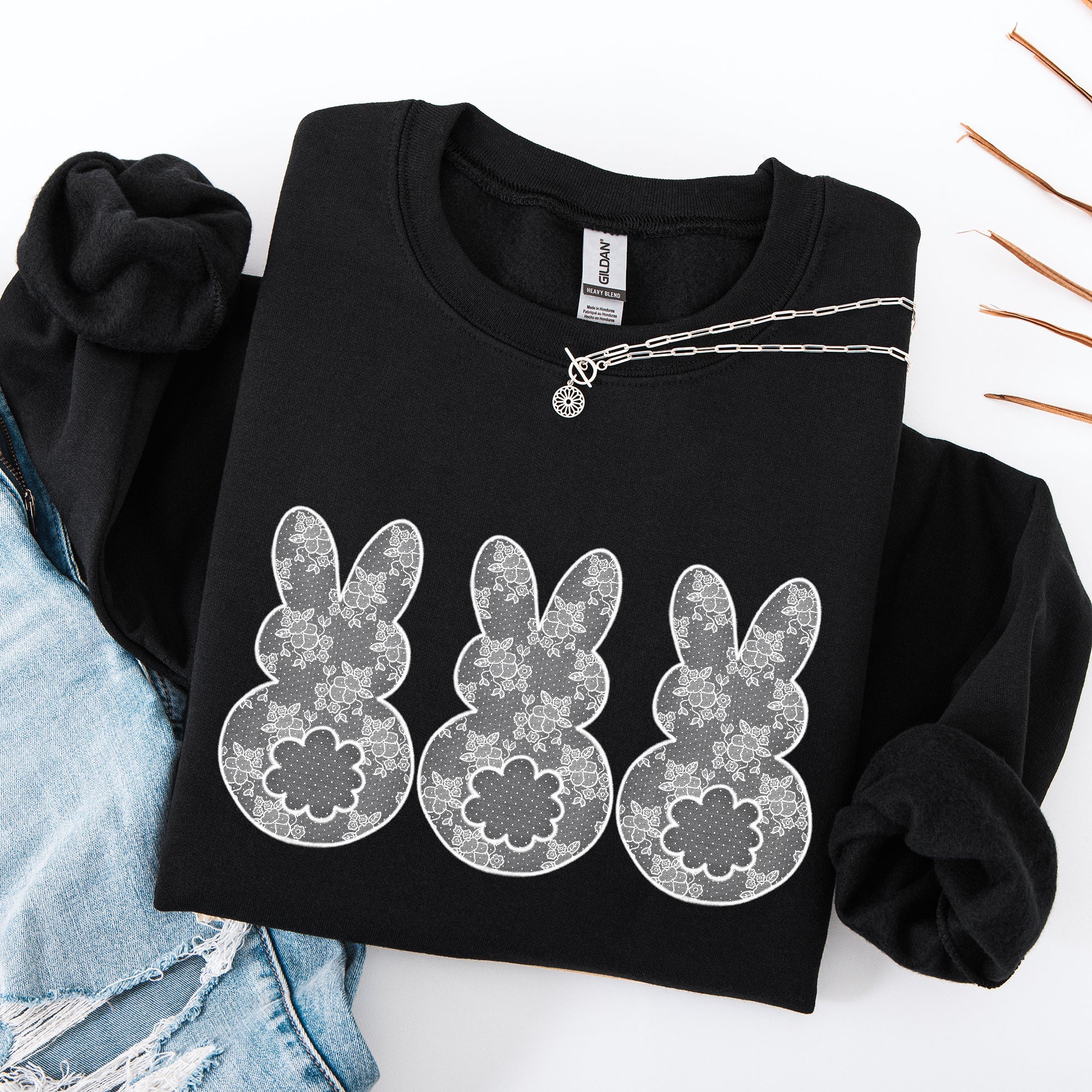Faux Lace Bunny, Coquette, In A Row, Easter, Bunny, Jesus, Rabbit Seasonal Sweatshirt